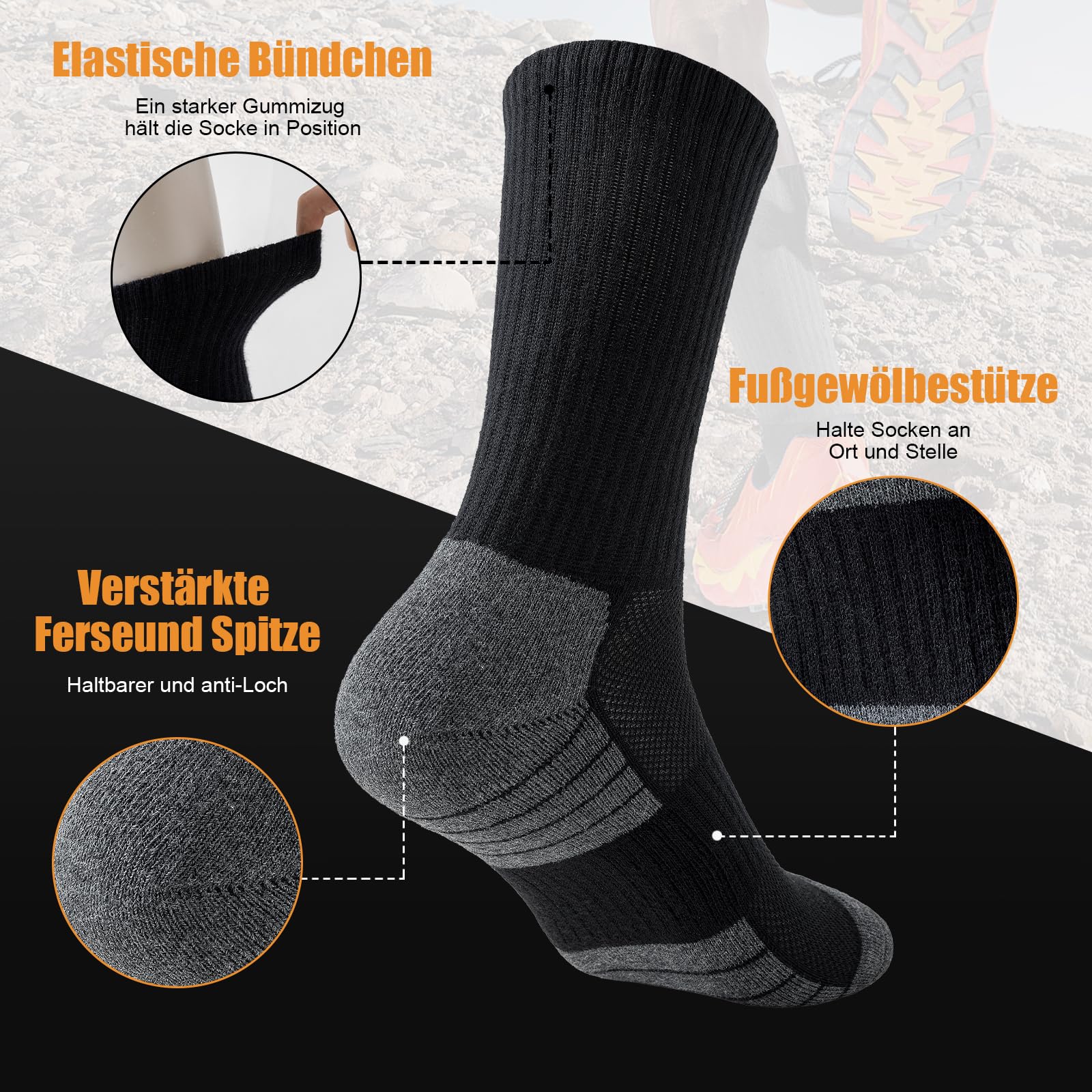 Niorasen Socken Herren Damen, 6 Paar Atmungsaktive Wandersocken Tennissocken Sportsocken, Baumwolle Gepolsterte Hochleistung Laufsocken Arbeitssocken, 43-46 39-42 35-38 47-50