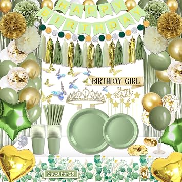 Guudmua 222 Pcs Sage Green Happy Birthday Decorations, Birthday Decorations for Women or Girl Kit- Disposable Dinnerware Set with 25 Guest, Balloons, Sash, Tiara, Banner, Paper Pom Poms