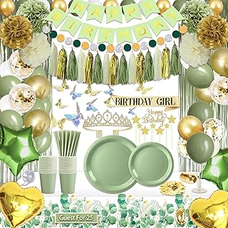 222 Pcs Sage Green Happy Birthday Decorations, Birthday Decorations for Women or Girl Kit- Disposable Dinnerware Set with 25 Guest, Balloons, Sash, Tiara, Banner, Paper Pom Poms