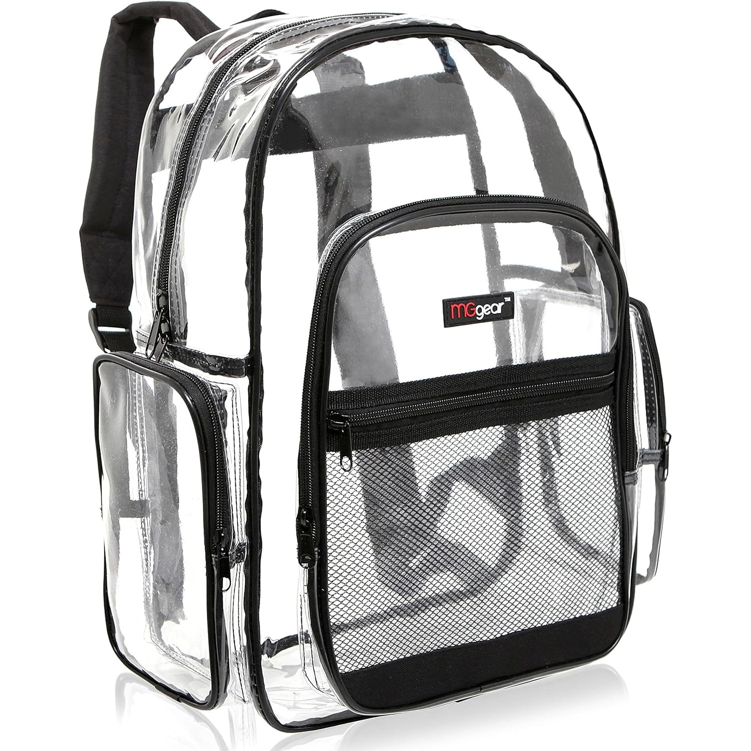 MGgear 17 Inch Clear PVC Backpack with Black Trim and 5 Zipper Compartments, Transparent School Bookbag for Boys Girls, Travel or Work Bag for Men
