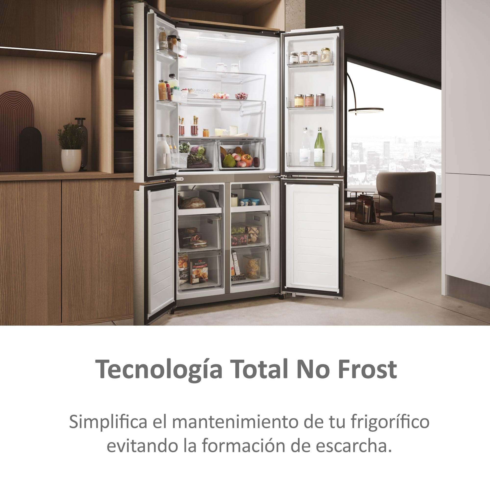 Haier Cube 83 Series 3 HCR3818ENMM - Frigorífico 4 Puertas, Display LED, Función Cooling y Freezing, 467L, Tiradores Integrados, Total No Frost, Ancho 83cm, Motor Inverter, Luz LED, Inox