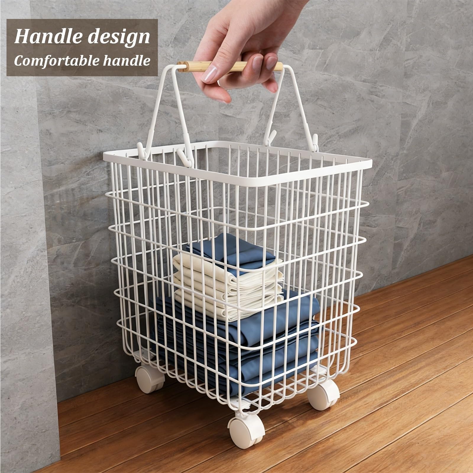 Cesto Portabiancheria Con Ruote, Cesto Robusto E Di Grande Capacità | Con maniglia, design salvaspazio for riporre in modo efficiente i vestiti sporchi(White,31cm)