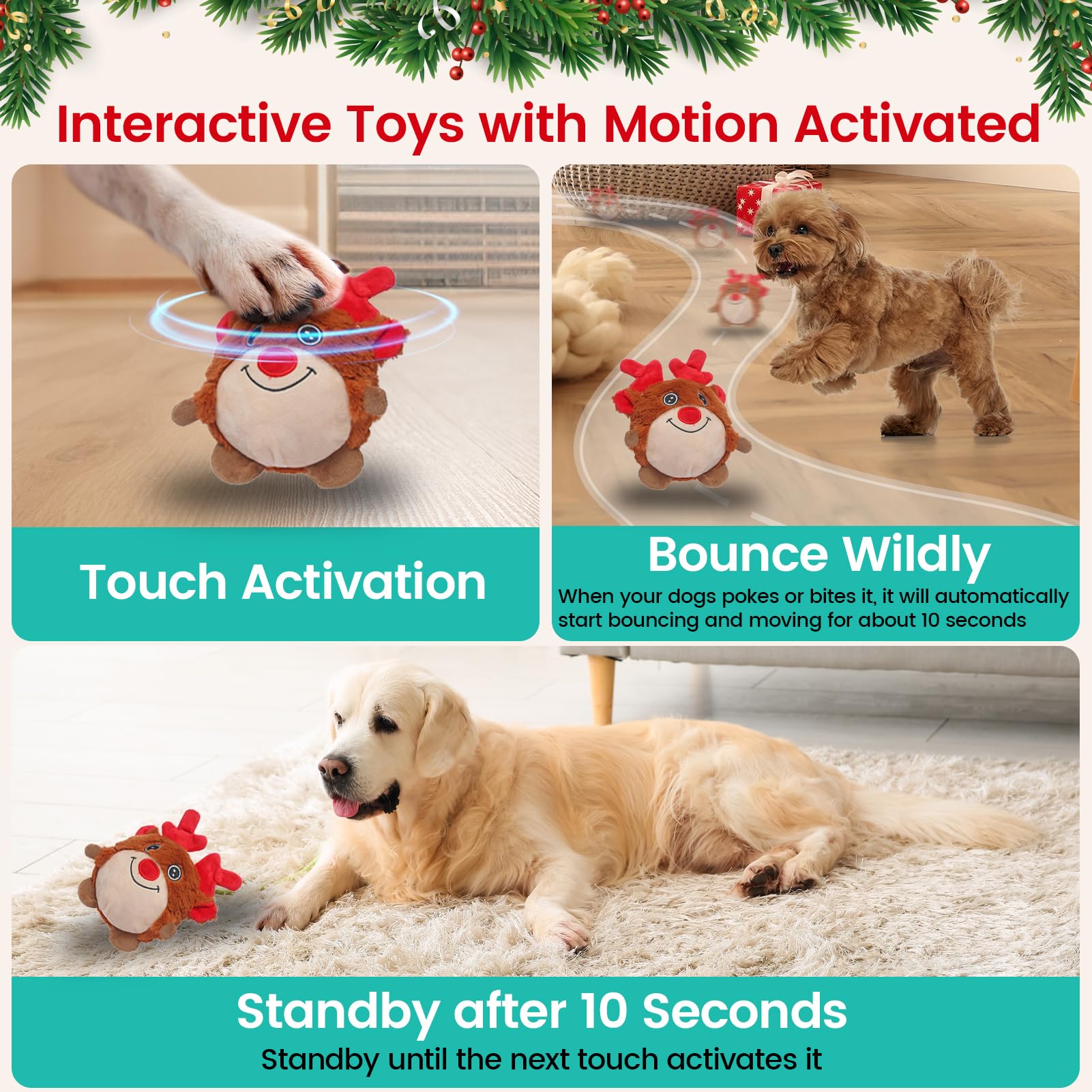 Senneny Jouets de Noël pour chien, jouets interactifs pour chien, renne, chemin aléatoire, jouet électrique à mouvement automatique et roulant, balle pour chien activée par le mouvement, avec housse