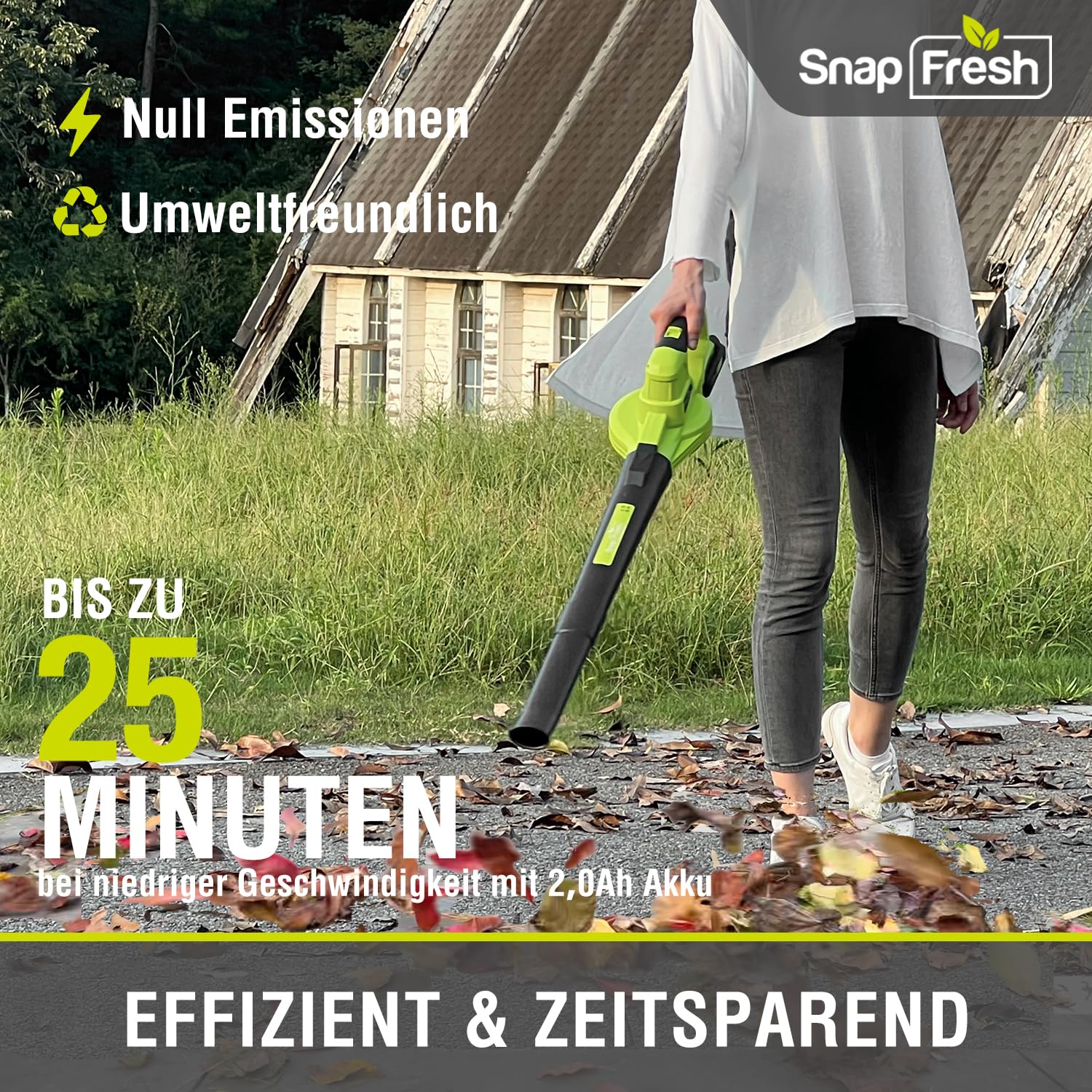 SnapFresh Laubbläser Akku-Laubbläser Kabelloser 20V 210 km/h 240m³/h / 2-Luftgeschwindigkeit/mit Akku und Ladegerät/Leicht Kompakte 1,2kg für Garten Hof Rasenpflege (Grün)