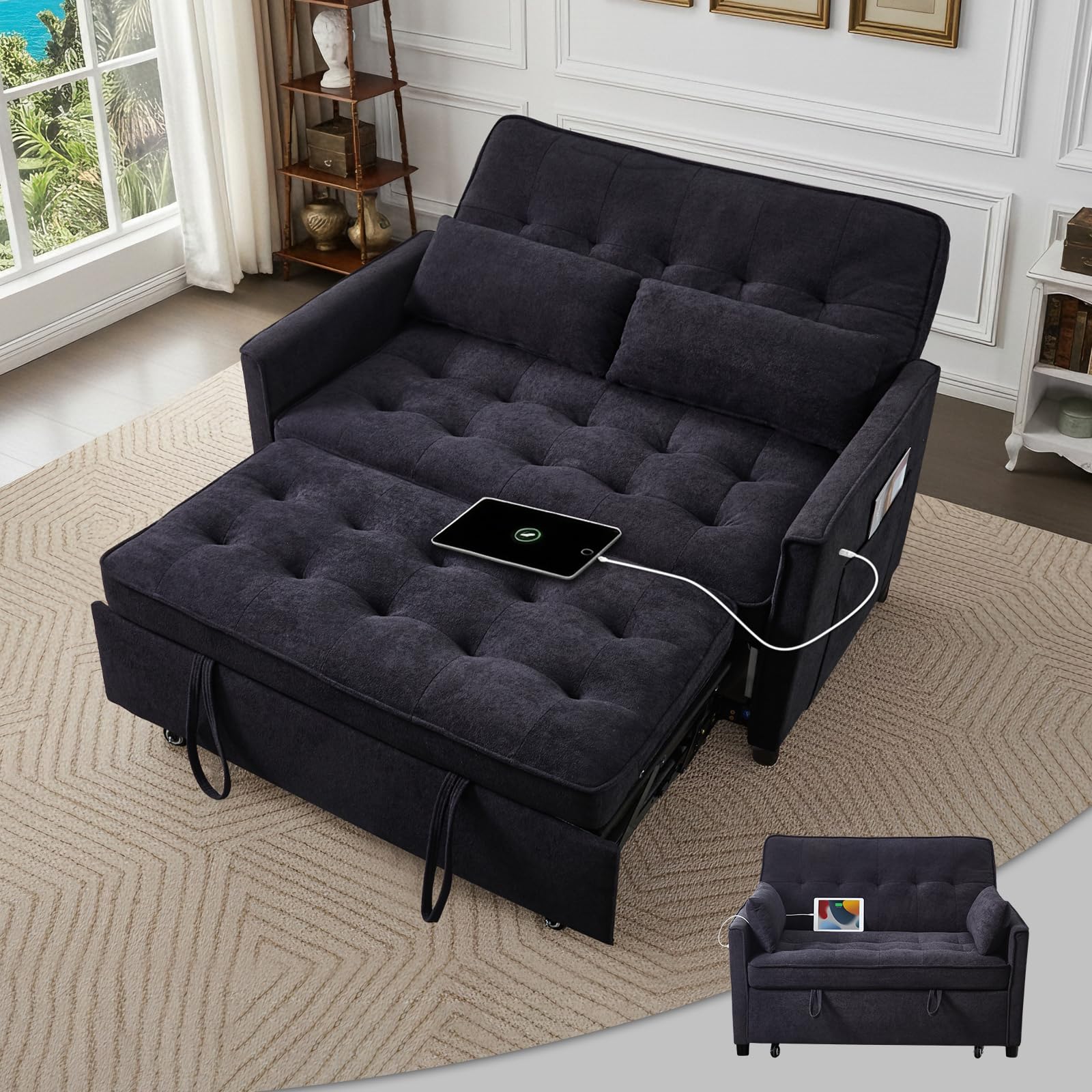 Dreamzie 3 in 1 Convertible Sofa Bed, 55” Pull Out Couch,Fabric Loveseat Sleeper Sofa with Adjustable Backrest for Living Room | Side Pocket | USB