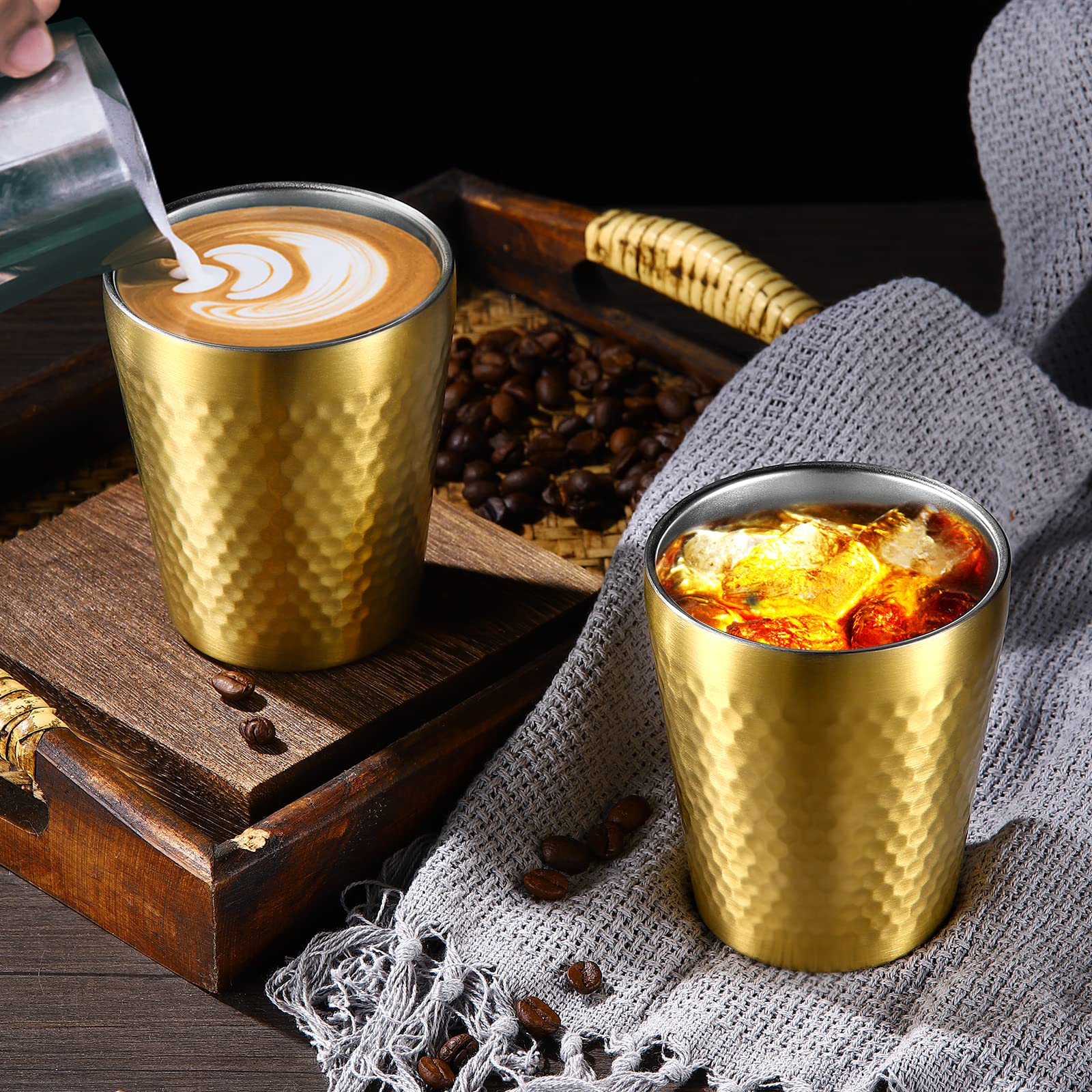 Lot 2 Tasses Acier Inox 300 Ml Double Paroi – Empilables, Titane Doré Texturé Diamant