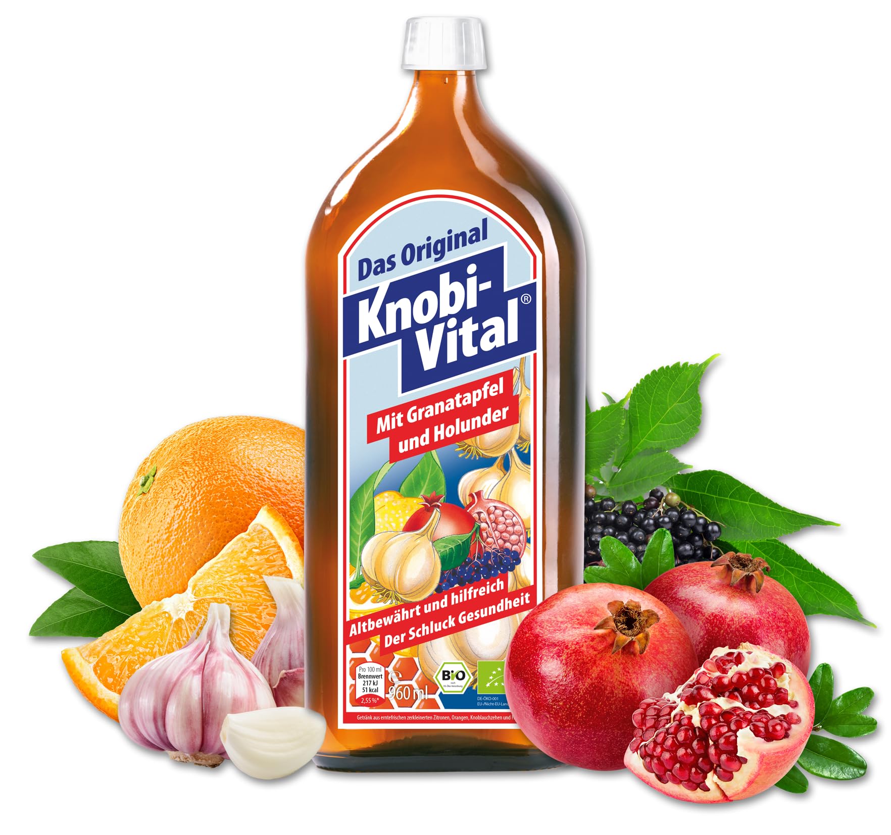 KnobiVital mit Granatapfel & Holunder Bio (960 ml) I Hochkonzentrierter Knoblauchsaft mit Thiamin für Energie, Nerven & Herz - Natürlich & ohne Zusätze