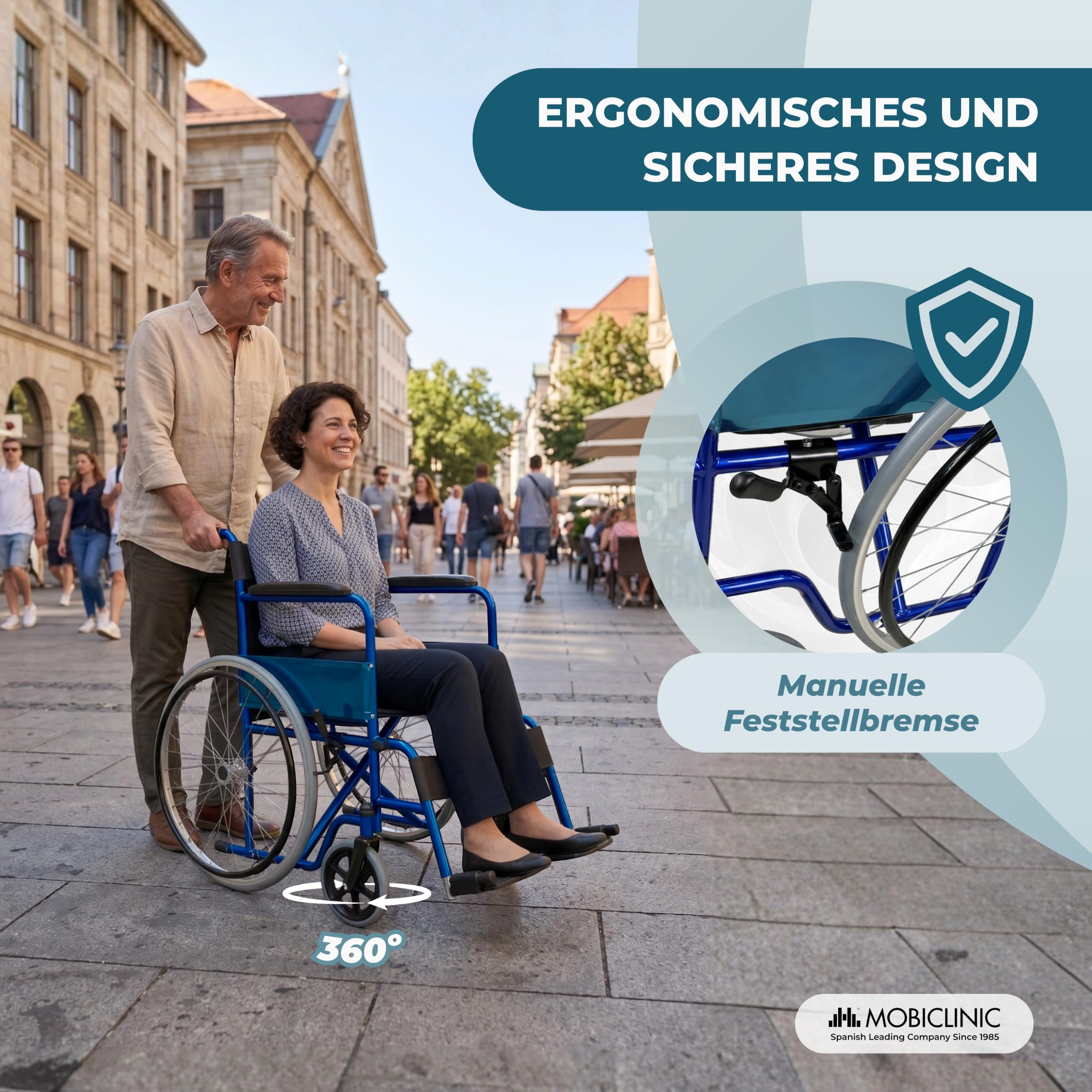 Mobiclinic®, Faltrollstuhl, Alcázar, Europäische marke, Sitz 46 cm, Manuelle bremse, Feste armlehnen und klappbare fußstützen, Farbe: blau/schwarz