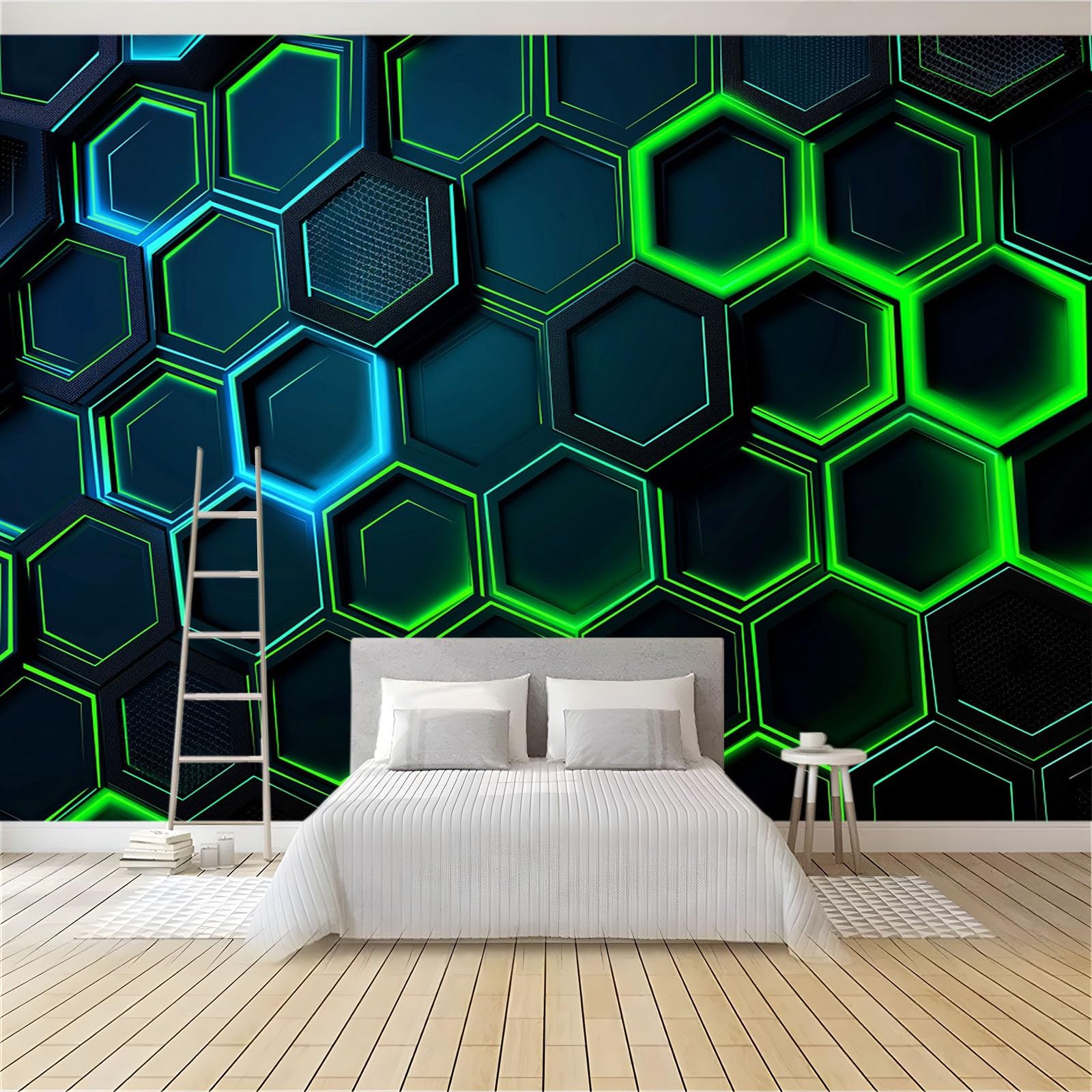 Tapeta, fototapeta, zielony, geometryczny plaster miodu, 250 x 175 cm, 3D, fototapeta, włóknina, duży plakat, do salonu, sypialni, korytarza, TV, tło, dekoracja ścienna, murale