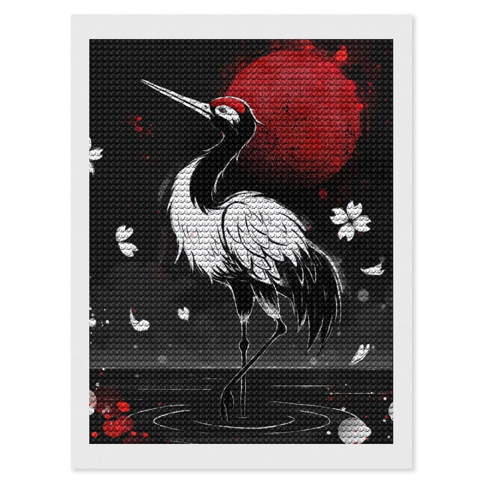 Junmoney Crane and Red Moon Illustration Diamond Painting Set 12"x16", Modern Decor, for Beginners, Printed Canvas, Thoughtful Handmade Gift, with Tool Kit