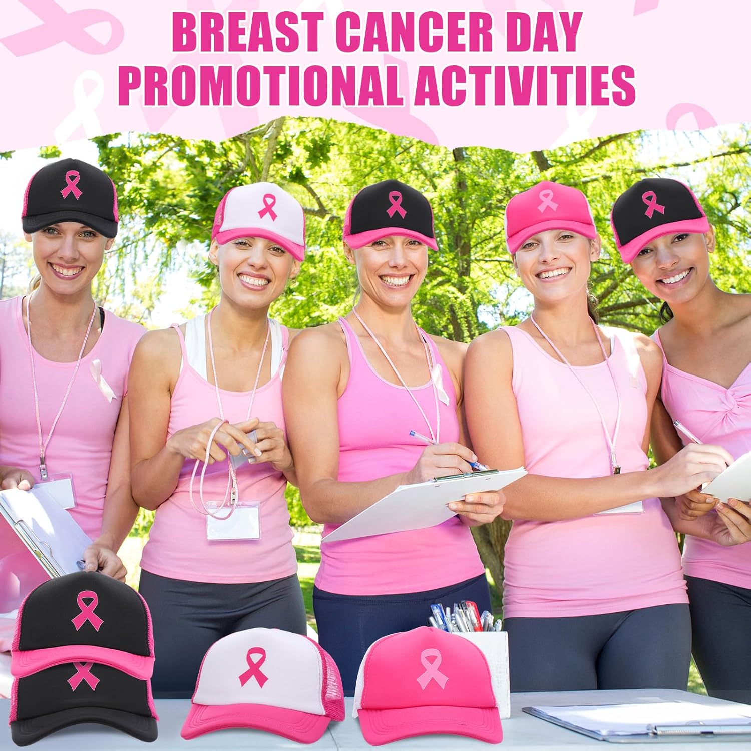 16 Packs Breast Cancer Awareness Trucker Hats Bulk Pink Ribbon Adjustable Cap Mesh Baseball Caps for Women Men