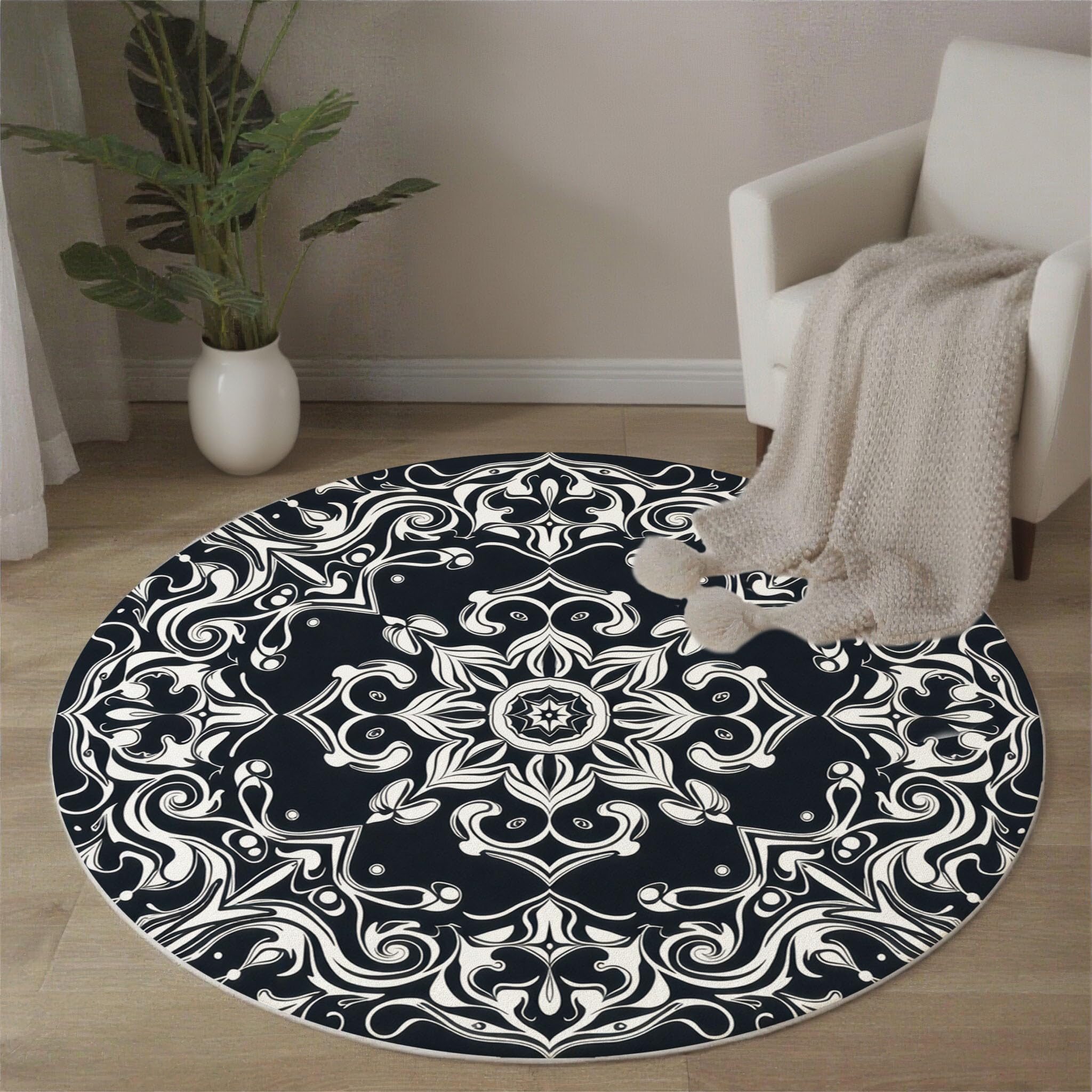 Paisley-Muster Kurzflor Teppich Rund 120cm Weicher Runder Teppich Mandala-Blumen Waschbar & Rutschfester Teppiche für Schlafzimmer, Gastzimmer, Esszimmer, Schwarz