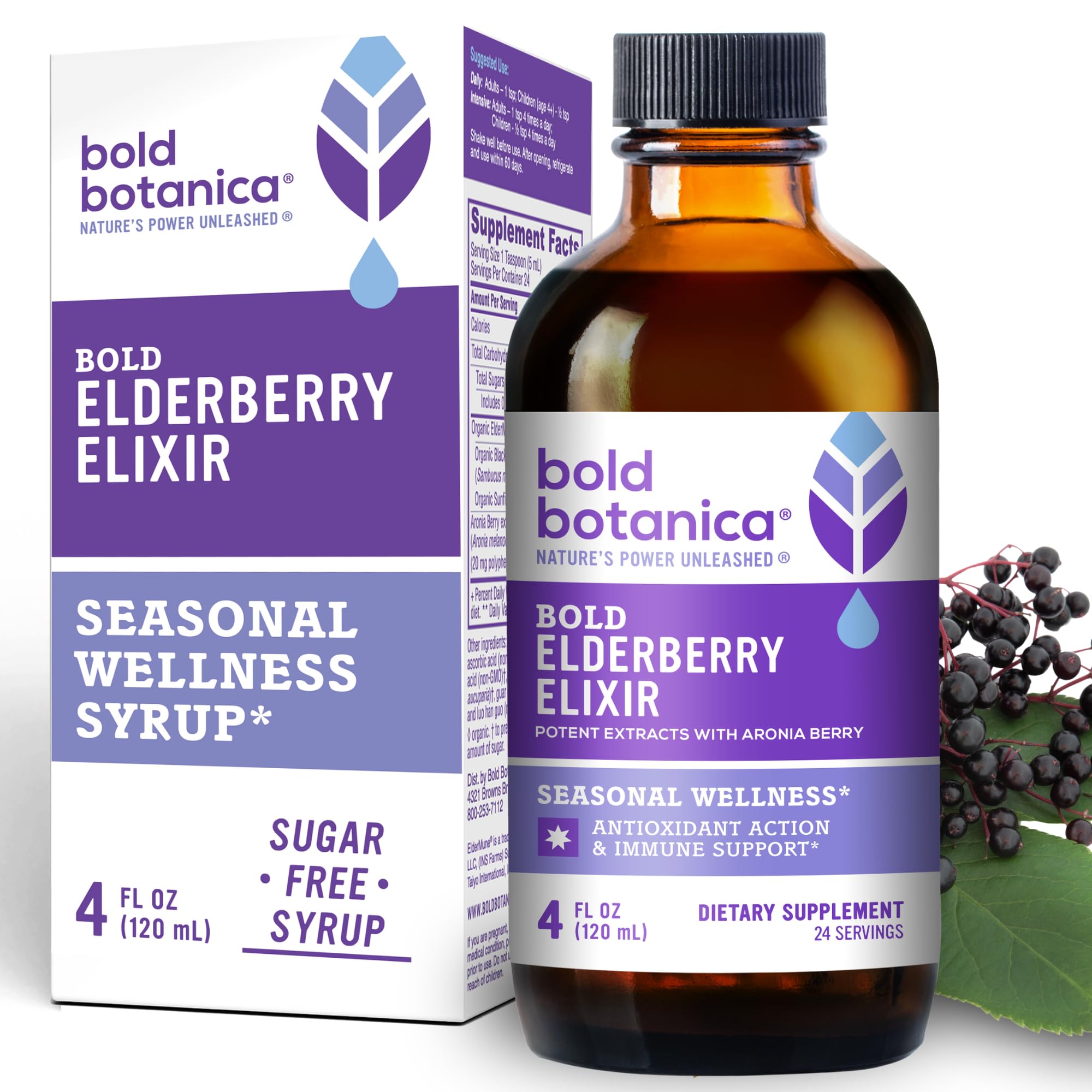 Bold Botanica Elderberry Elixir – 65X Concentrated Extract – Sugar-Free & Kid Friendly – Immune Support Elderberry Syrup for Kids & Adults with Aronia Berry & Monk Fruit – 4 fl oz