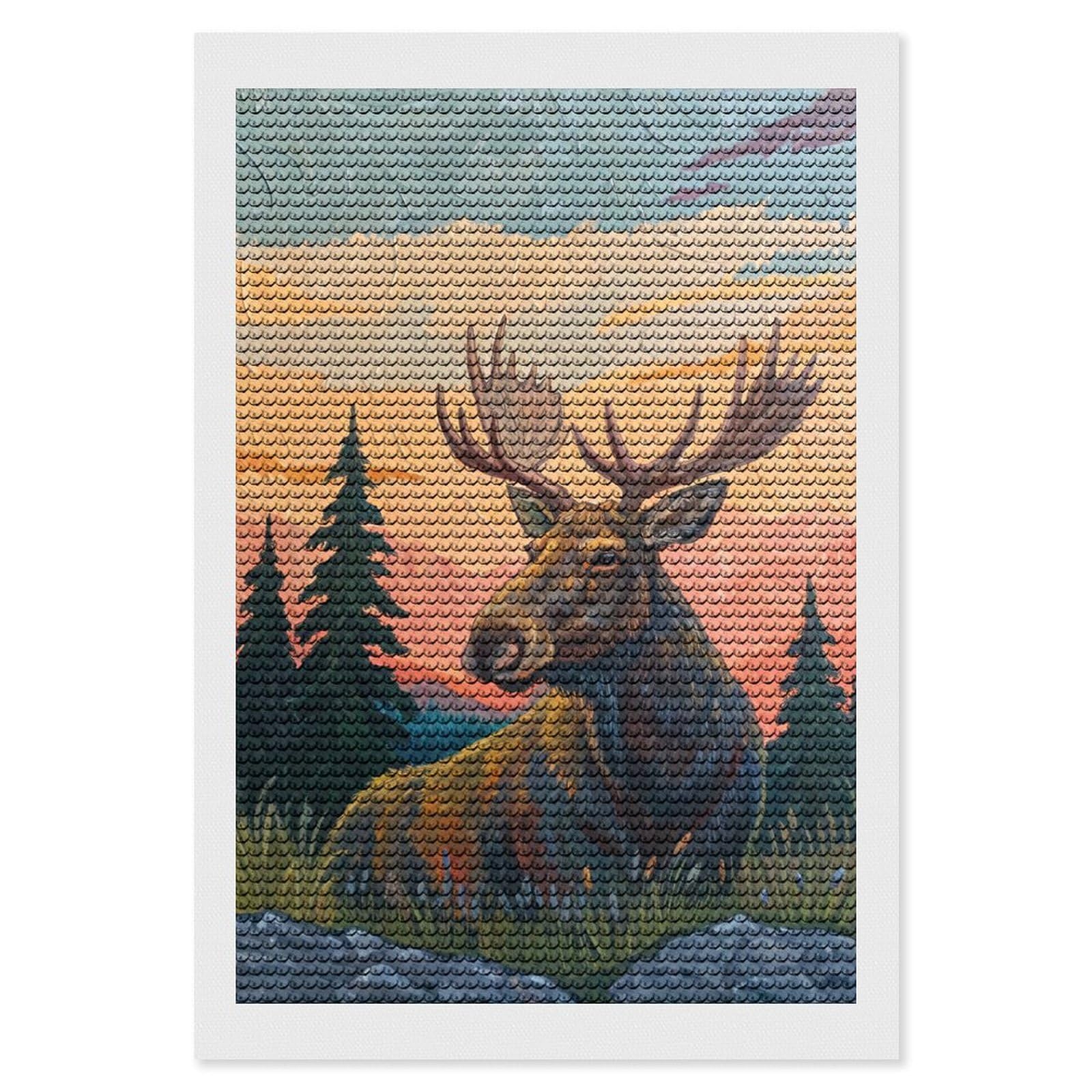 Junmoney Moose in A Mountain Landscape Painting Diamond Art Canvas 8"x12", for Adults, Pleasing Wall Art Project, Modern Decor, Gift Idea, Nice Detail and Sparkle