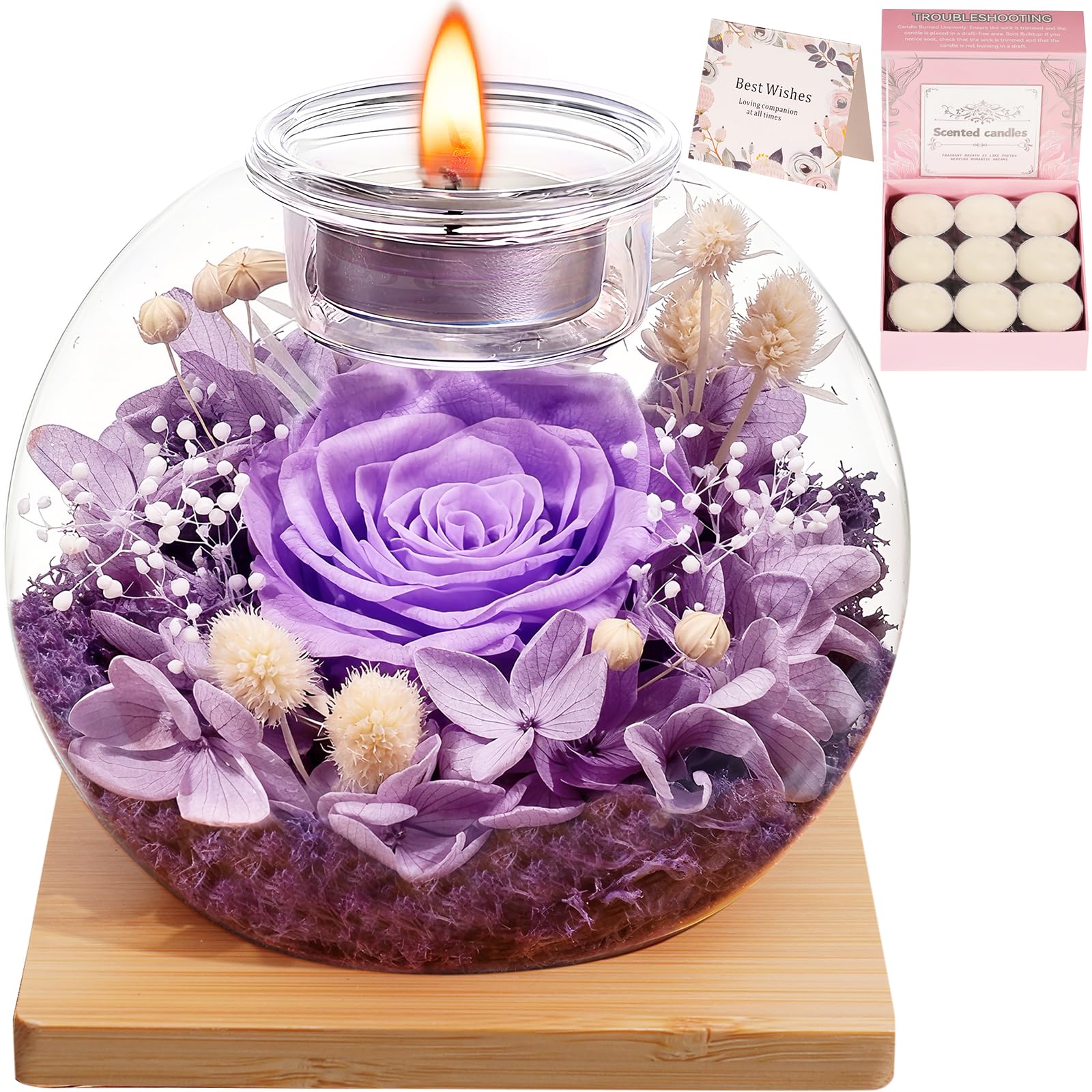 Eternal Preserved Real Rose, Glass Dome Gift Set with 18 Scented Candles (9 Vanilla,9 Rose), Mother's Day Valentine Christmas Birthday Gift for Women Mom Girlfriend Wife Home Decor