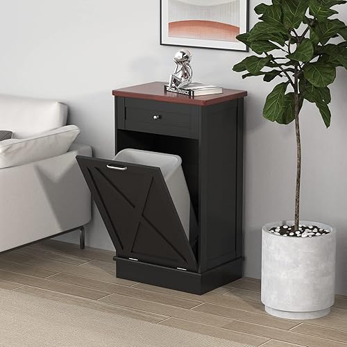 TOLEAD Armario de basura inclinable de madera de 10 galones con puerta de granero para cocina de granja, sala de estar, comedor, color gris roble