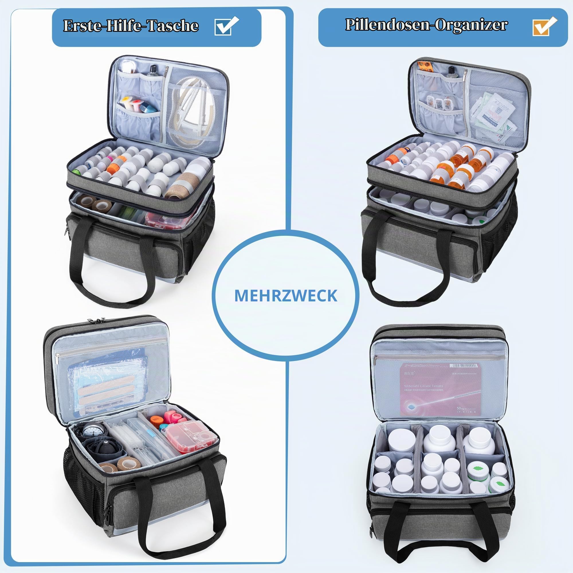 CURMIO Doppelschicht Medizinische Tasche, Reiseapotheke Organizer, Grau