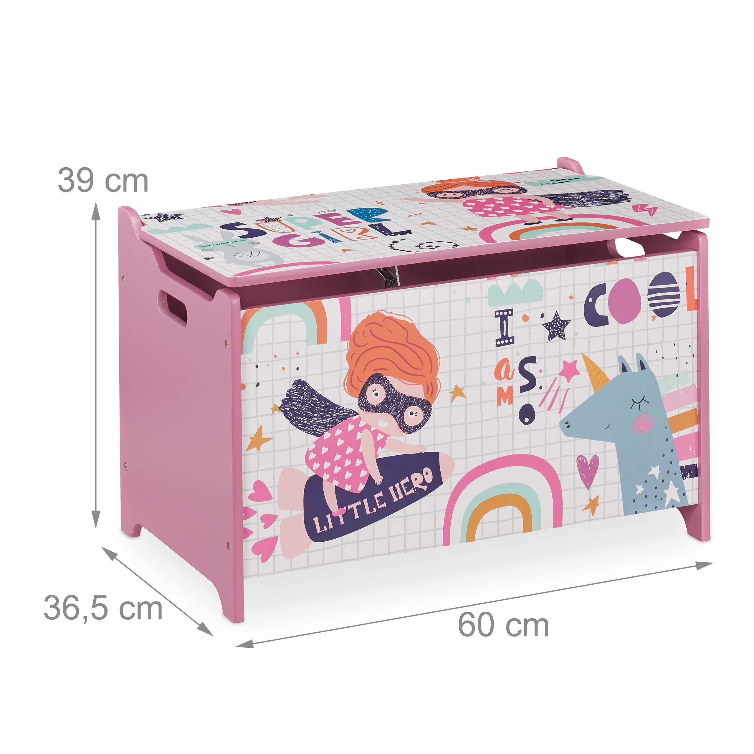 Relaxdays Spielzeugtruhe, mit Heldin-Motiv, Spielzeugkiste mit Deckel, HBT: 39x60x36,5 cm, MDF, Spielzeugbox, rosa/weiß