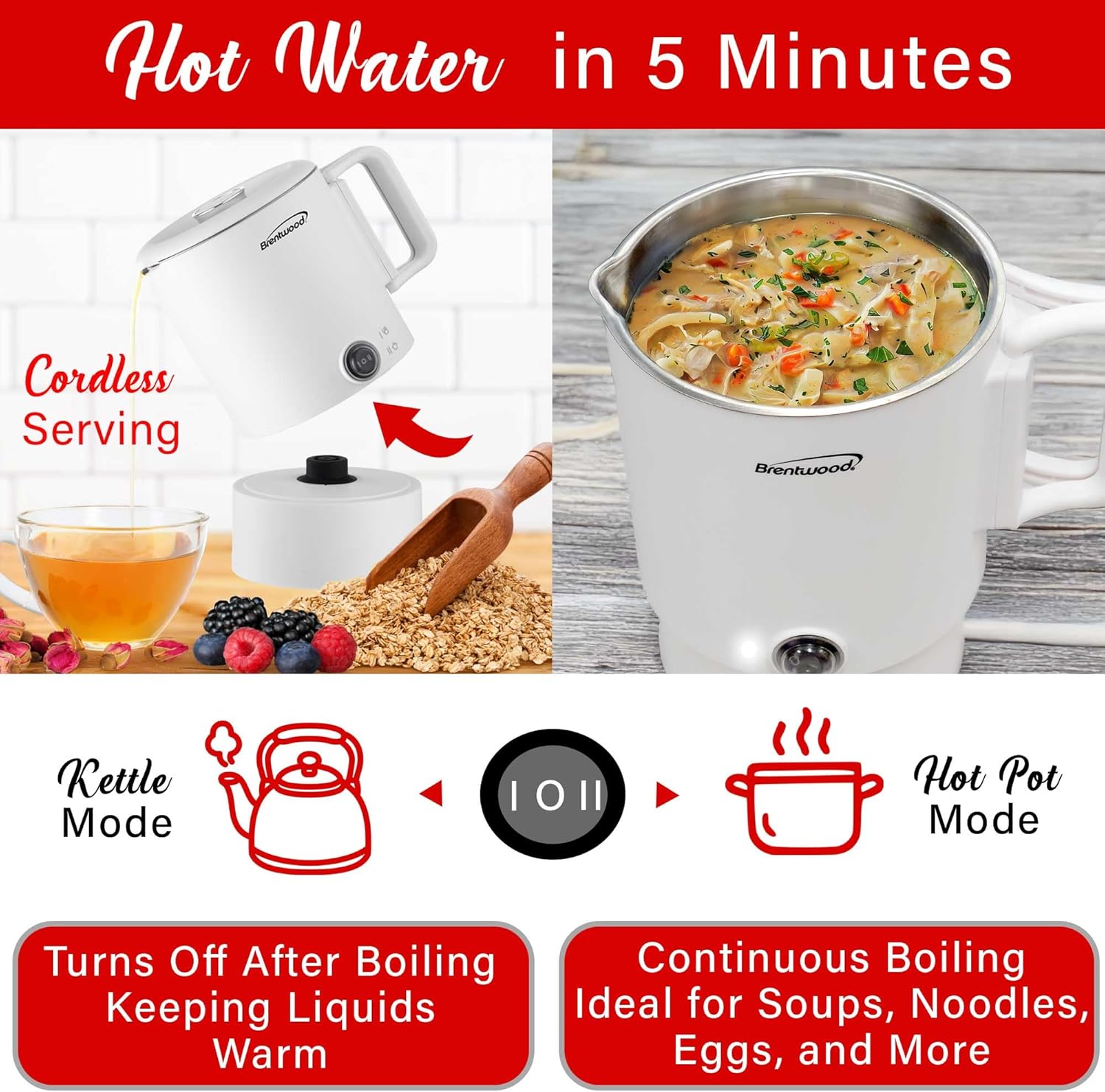 Brentwood KT-1504W 27oz Electric Travel Kettle & Hot Pot, Collapsible, Cool Touch Double Wall Stainless Steel Construction, Cordless with 360° Base, Auto Shut Off, Boil Dry Protection (White)