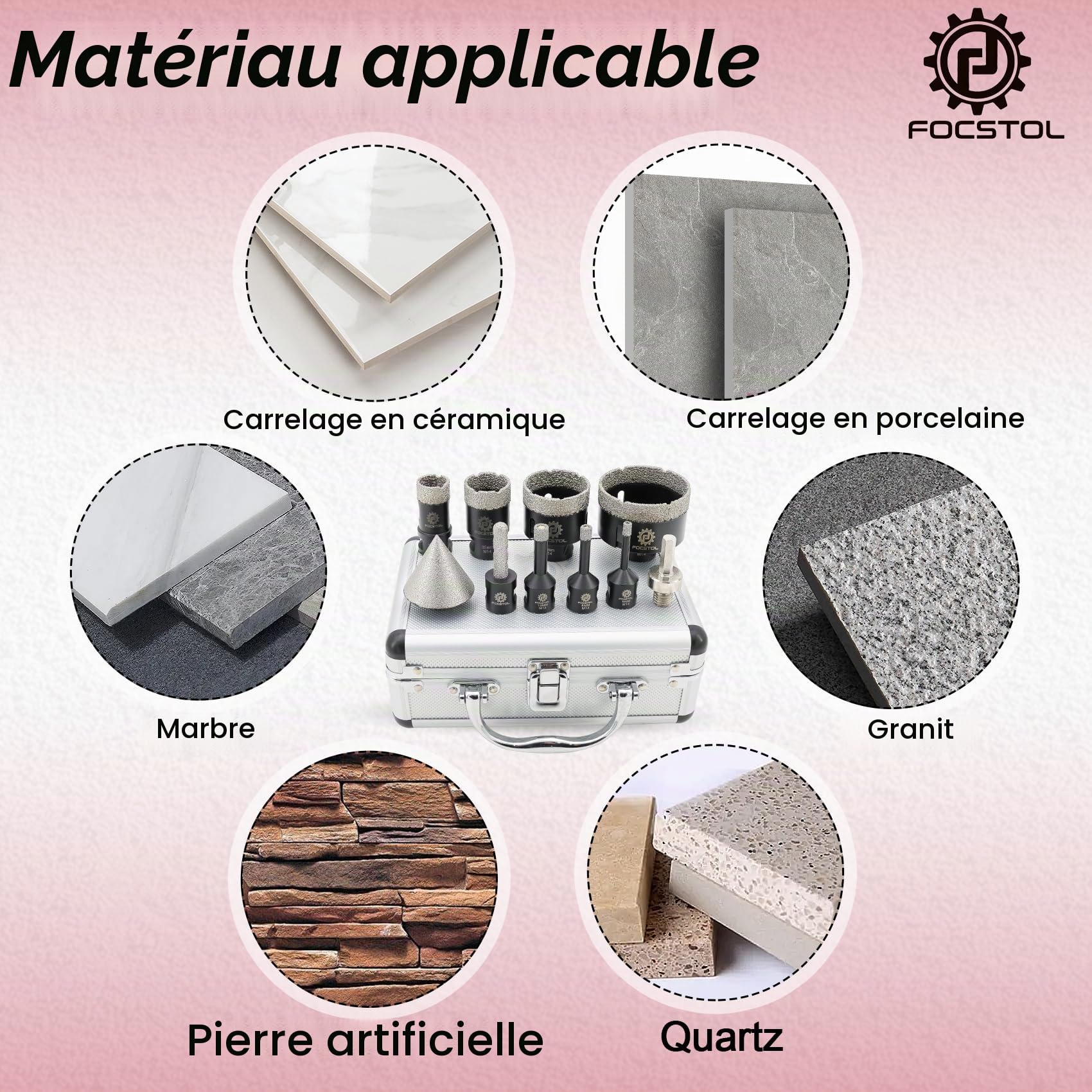FOCSTOL Foret Diamant Carrelage Kit - 10 pièces (6/8/10/25/35/50/68mm+10mm Fraise+50mm Mèches Chanfrein Biseautées+Adaptateur Hexagonal) Scie Cloche Diamantée pour Porcelaine Carrelage Marbre Granit