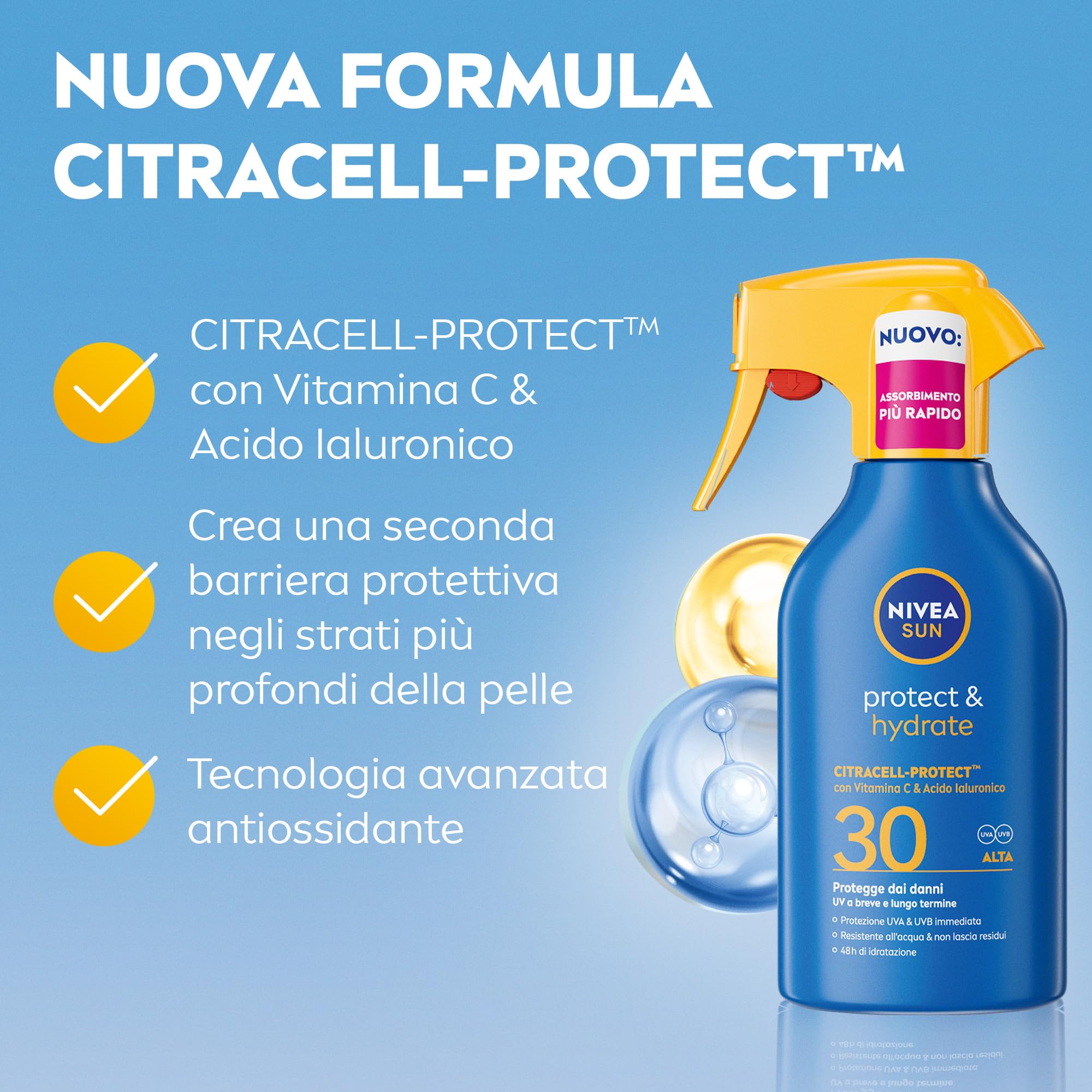 NIVEA SUN Protect & Hydrate Maxi Spray Solare SPF 30 270 ml, Crema solare 30 spray idratante 48h ad assorbimento rapido, Protezione solare 30 resistente all'acqua con Vitamina C e Acido Ialuronico