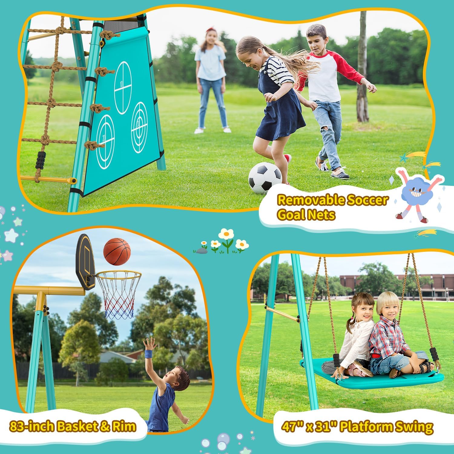 Jocoevol Swing Set for Backyard, Heavy-Duty Metal Swing Sets for Kids with 2 Swings, Climbing Ladder and Nets,Trapeze Bar, Soccer Goals and Basketball Hoop Up to 660lbs