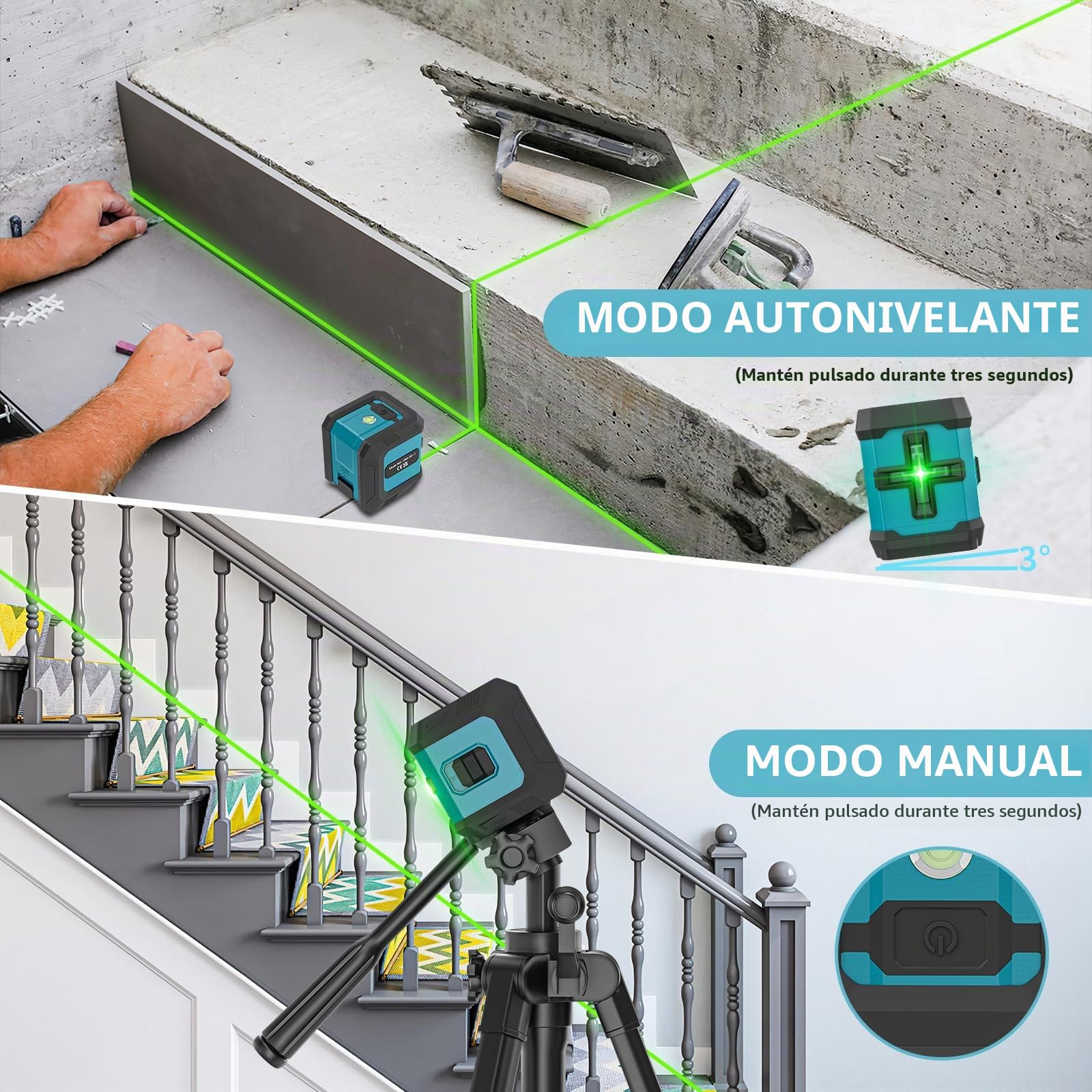 Nivel Láser Manual/Automático, 4 Tipos de Ajuste de Brillo, Horizontales y Verticales, IP54,2 Batería, Bolsa de Transporte Incluida, Para Construcción y Colgar Cuadros