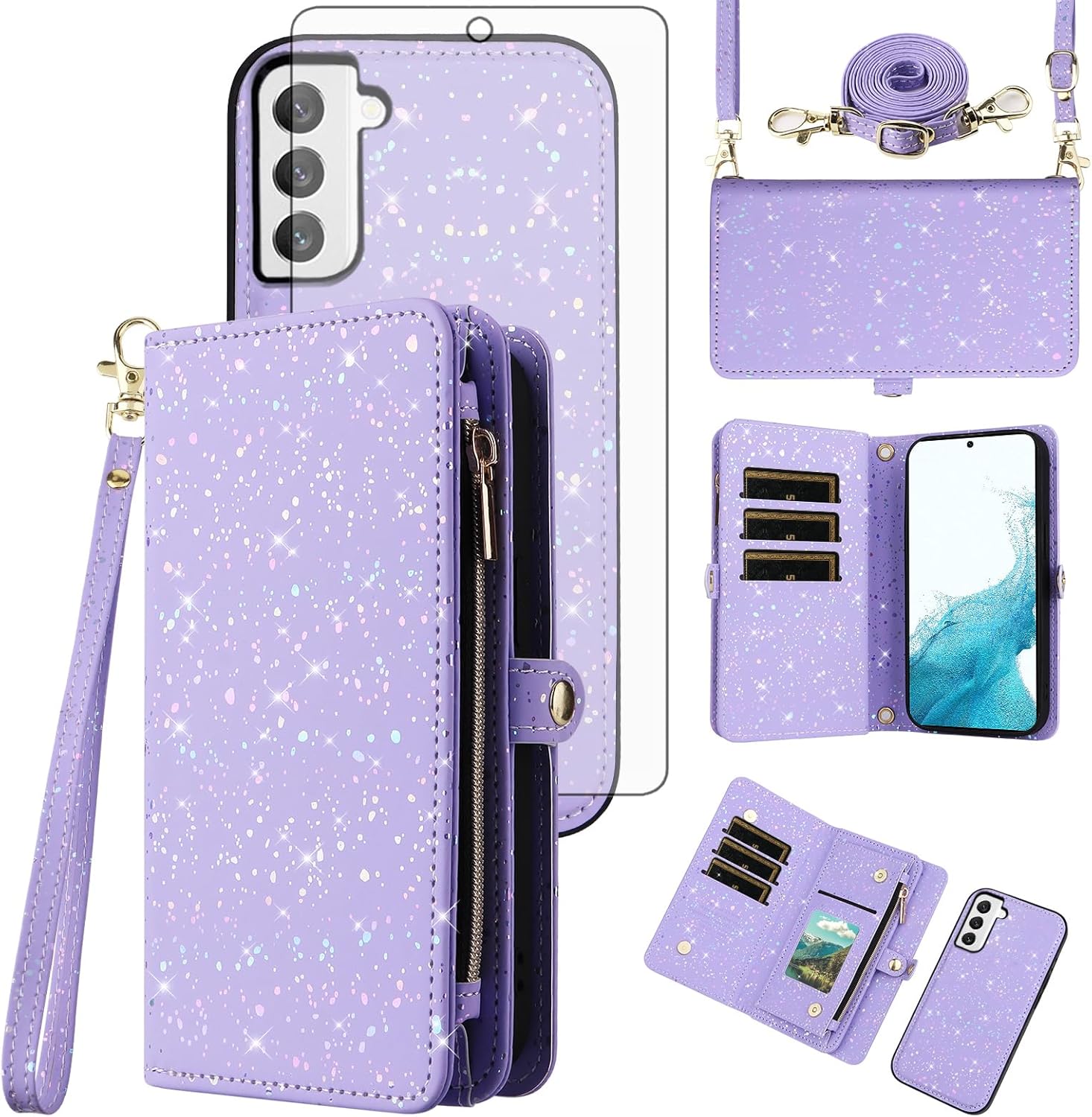 Asuwish Phone Case for Samsung Galaxy S22 5G Zipper Wallet Magnetic Detachable Cover with Screen Protector and Glitter Card Holder Slot Stand Cell Accessories S 22 22S 4G G5 6.1 inch Women Men Purple