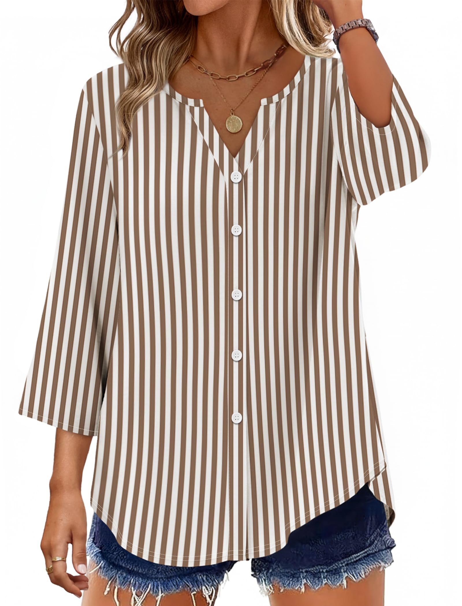 OFEEFAN Button Down Shirts for Women 3/4 Length Sleeve Tops V Neck Blouses Business Casual Outfits Loose Fit