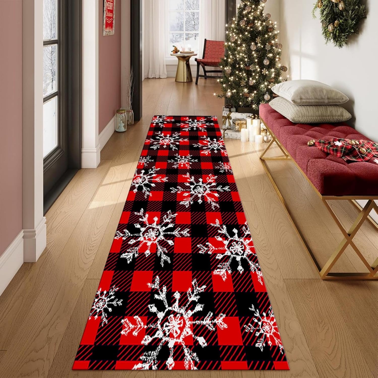 Christmas Rug Runners for Hallways,2x7ft,Vintage Snowflakes Moroccan Plaid Runner Rugs,Winter Home Decor Long Runner Rug Washable Runners for Entrance Xtmas Front Door Decorations