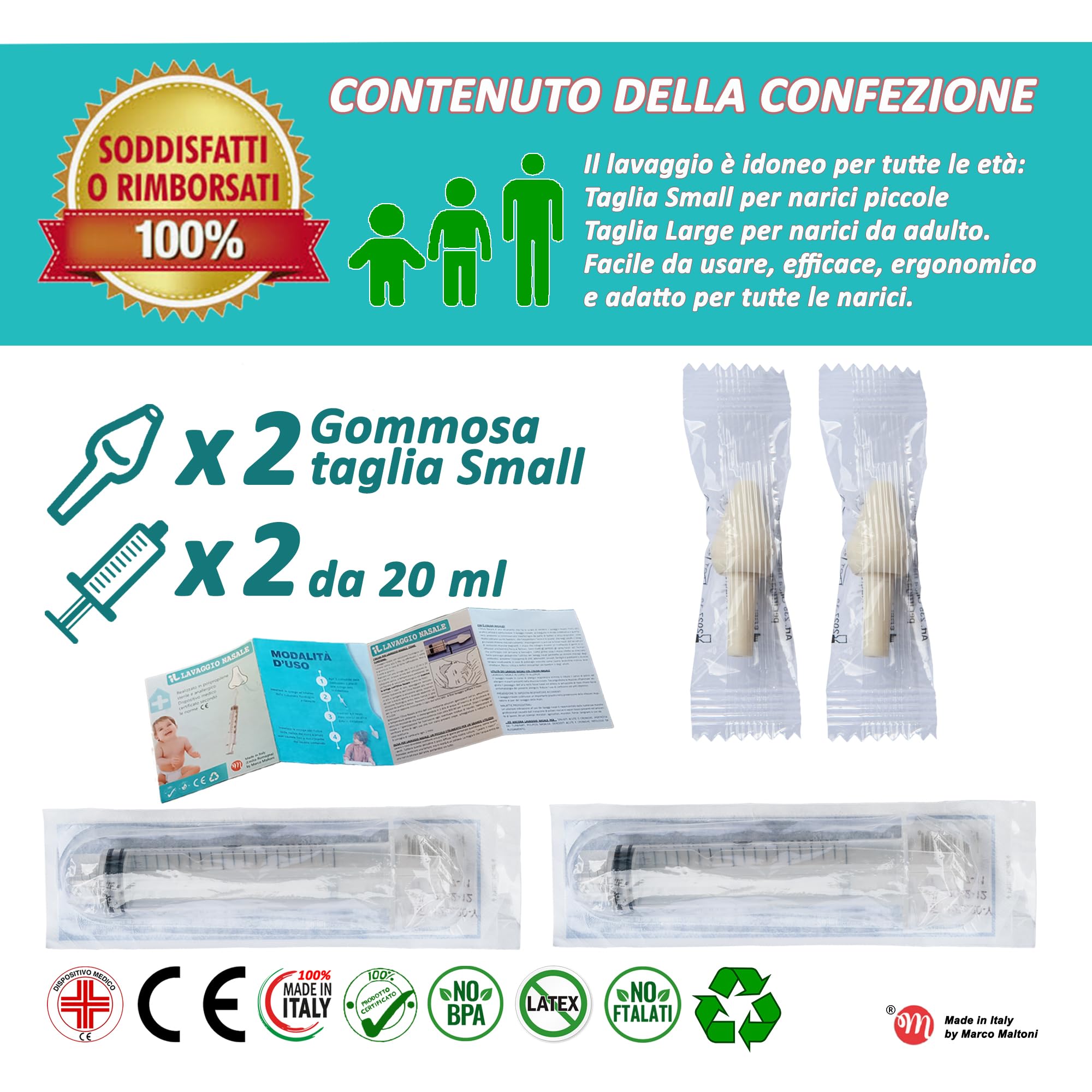 Set irrigatore nasale per LAVAGGIO NASALE, IGIENIZZABILE BY MARCO MALTONI, MADE IN EMILIA-ROMAGNA, 2 OLIVE NASALI GOMMOSE SMALL e 2 SIRINGHE da 20 ml