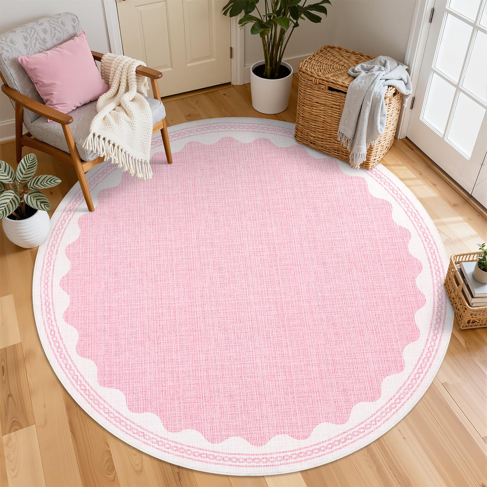 Scalloped Edge Solid Pink 4ft Round Rug Circle Modern Minimalism Washable Non-Slip Soft Ultra-Thin Carpet for Living Room Kitchen Bedroom Nursery