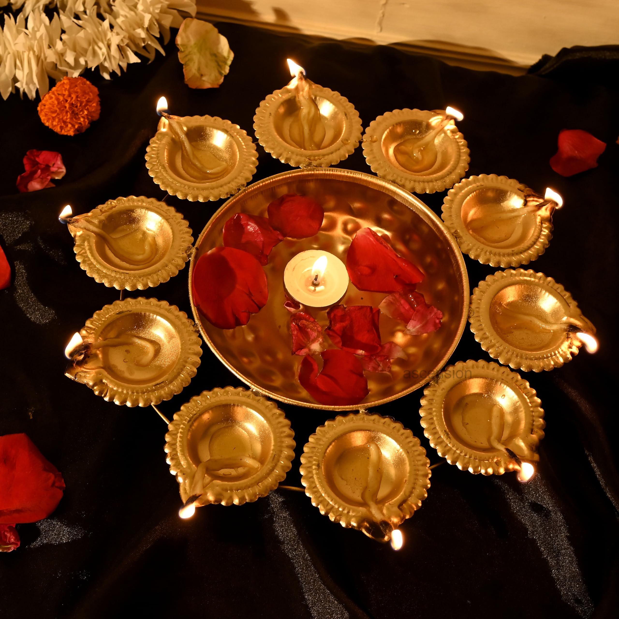 Ascension Diya Shape Flower Decorative Urli Bowl for Home Decor With 10 Attached Oil Diyas for Floating Flowers and Tealight Candles Home Table | Diwali Decoration Items for Home Pooja Room (11.5inch)