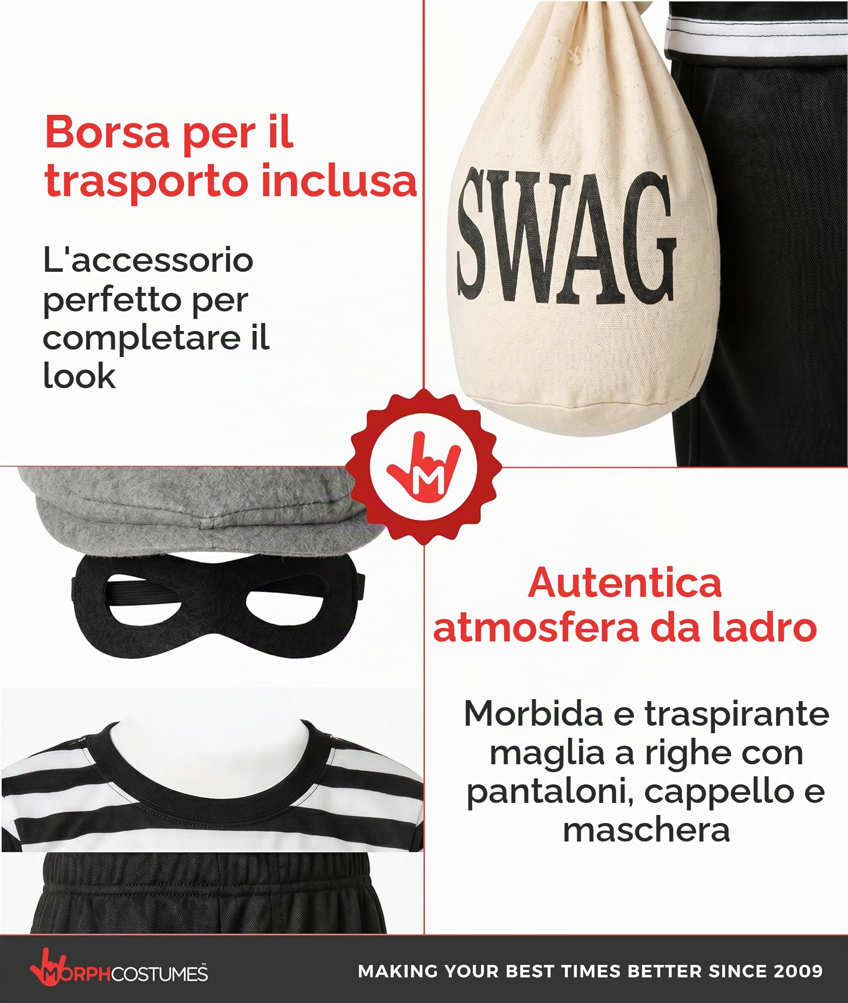 Fun Shack Costume Ladro Bambino, Costume Halloween Bambino | Maglietta a Righe, Pantaloni, Berretto, Mascherina & Sacco del Bottino, Perfetto per Halloween, Ideale per il Gioco di Ruolo