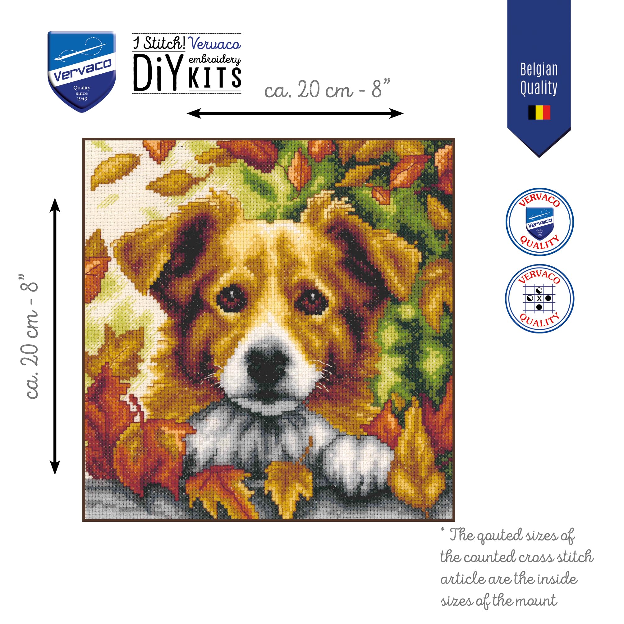 VERVACO Haft Krzyżykowy Liczony Zestaw Obraz do Haftu PIES W JESIENI Zrób to Sam Zestaw Kreatywny dla Dorosłych ca. 20 x 20 cm Dekoracja Ścienna DIY Cross Stitch Kit