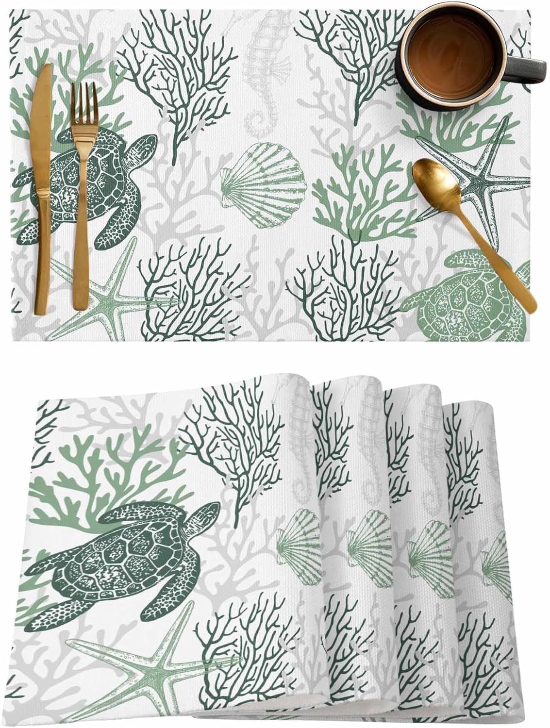 Sage Green Coral Placemats Set of 4,Washable Woven Burlap Cloth Fabric Placemat for Square/Rectangle/Round/Oval Dining Table,Easy Clean Place Mats for Kids Turtle Shell Jellyfish Seahorse White Grey