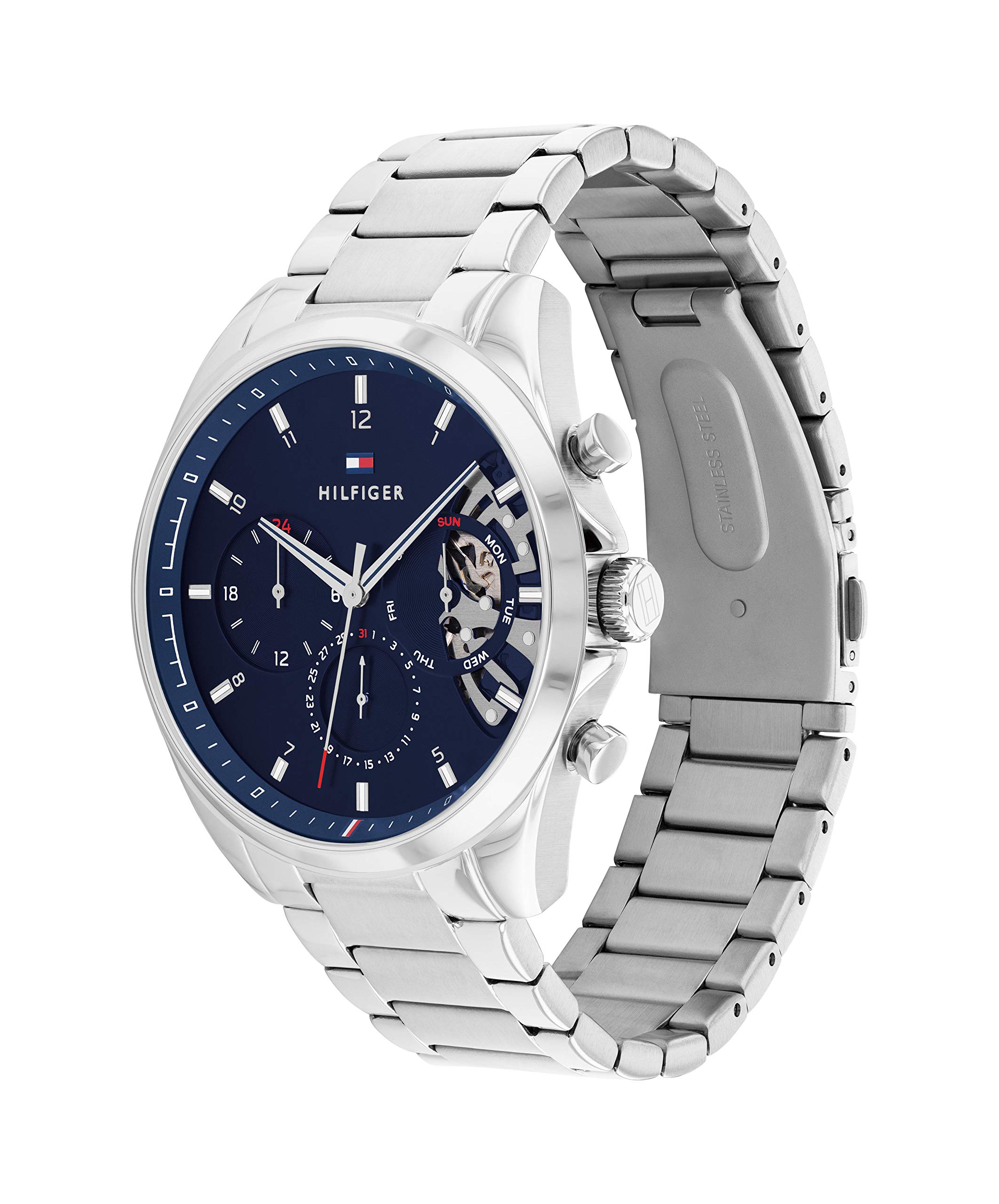 Tommy Hilfiger Men's Watch – Quartz Multifunction, 44 mm Stainless Steel Case, Skeleton Dial, Link Bracelet – Dress Watch for Men
