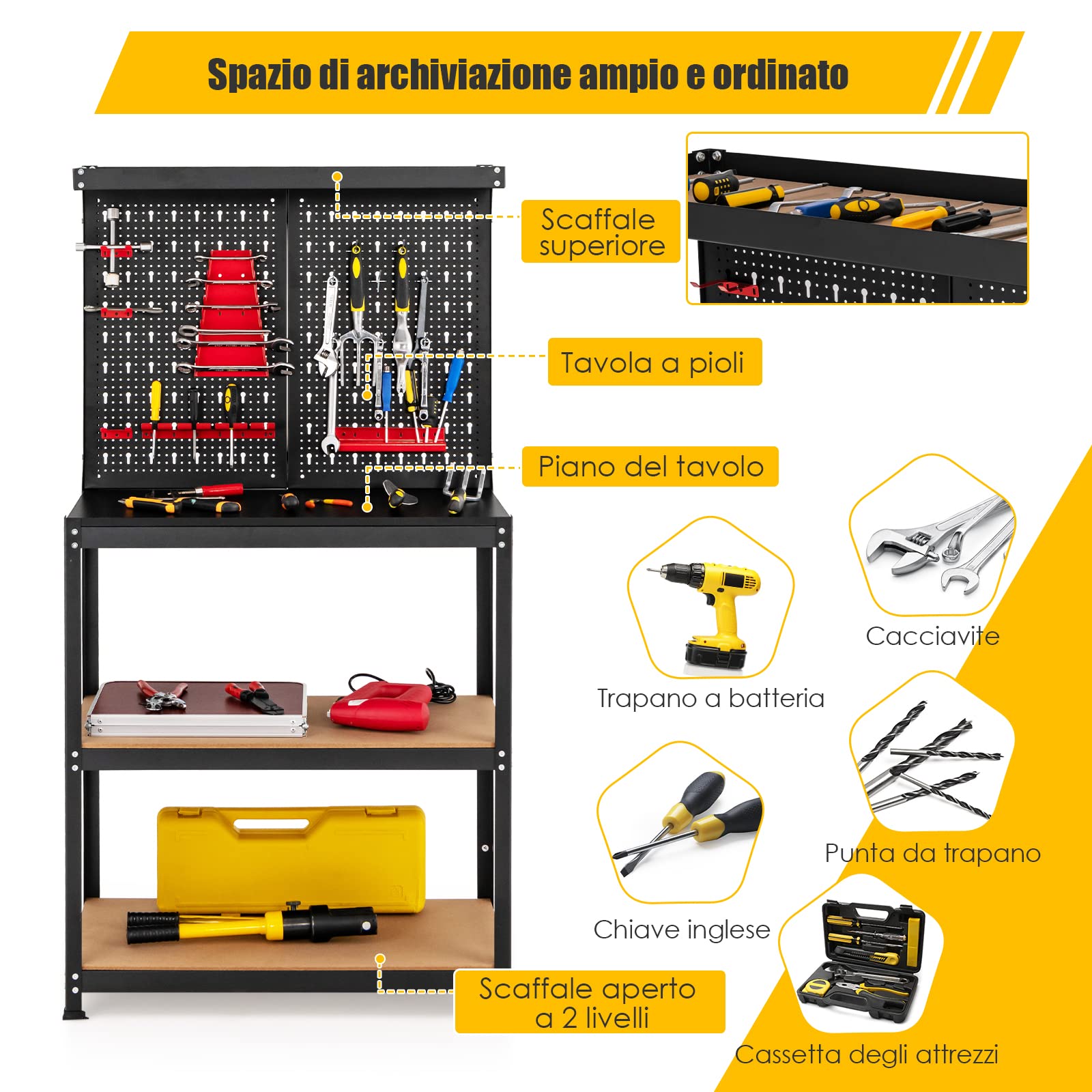 COSTWAY Banco da Lavoro, in Metallo e MDF, con 3 Ripiani, 13 Accessori da Appendere, 80,5 x 41x 155cm, per Garage, Casa, Officina e Magazzino