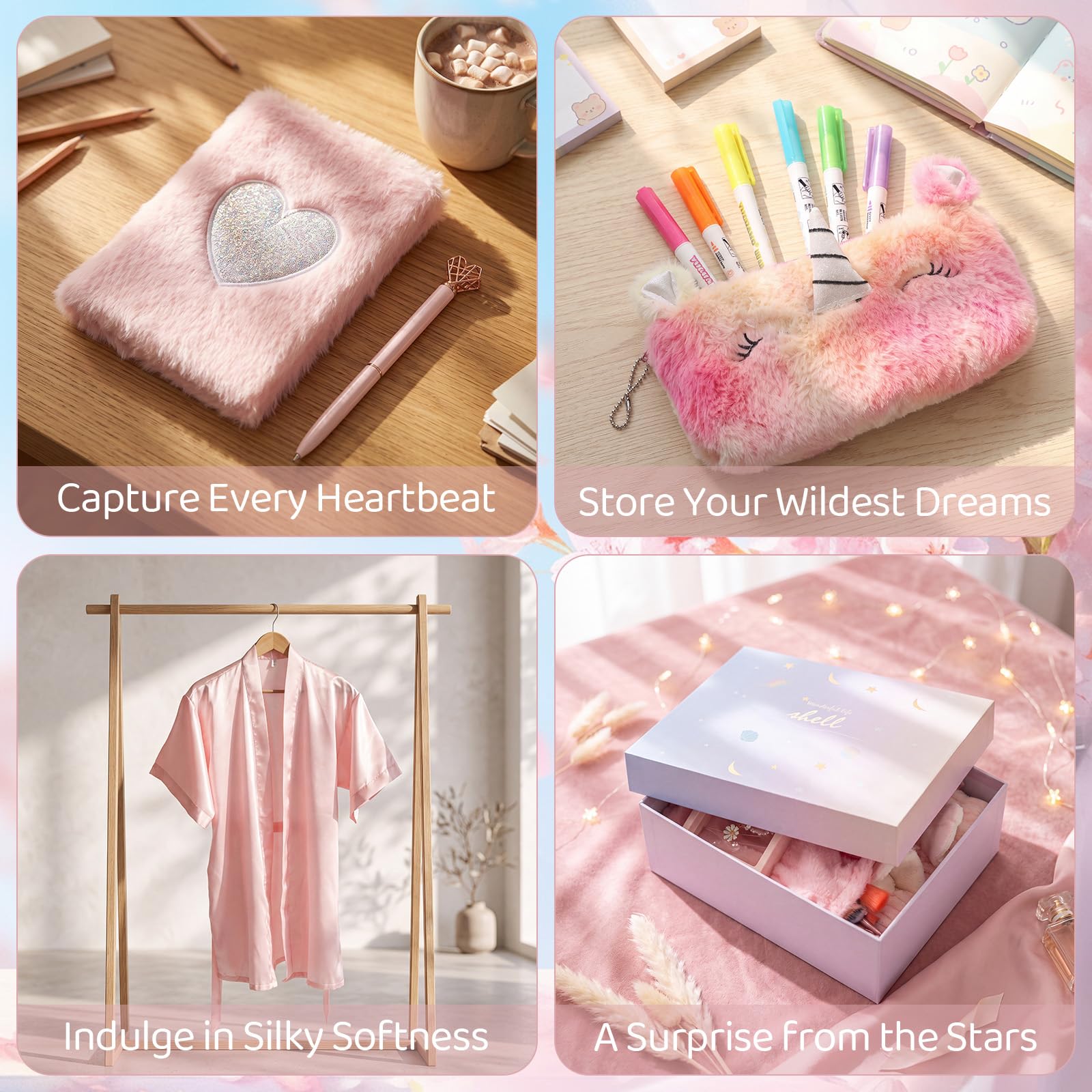 Eurzom Set di 16 pezzi rosa per ragazze adolescenti, alla moda, regalo di compleanno per ragazze adolescenti di età 12-16 anni, trousse pelose per il trucco, taccuino, bracciali, set con scatola
