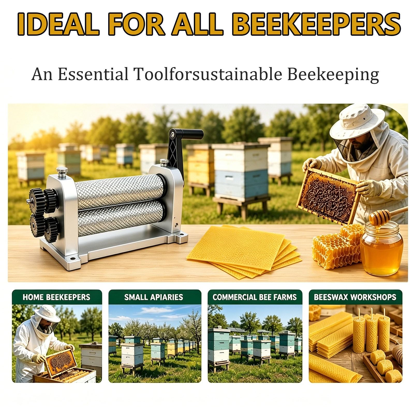 Molinillo manual de cera de abeja, herramienta de apicultura de aleación de aluminio para producción de chapa metálica con tamaños de celdas intercambiables (4,9 mm)