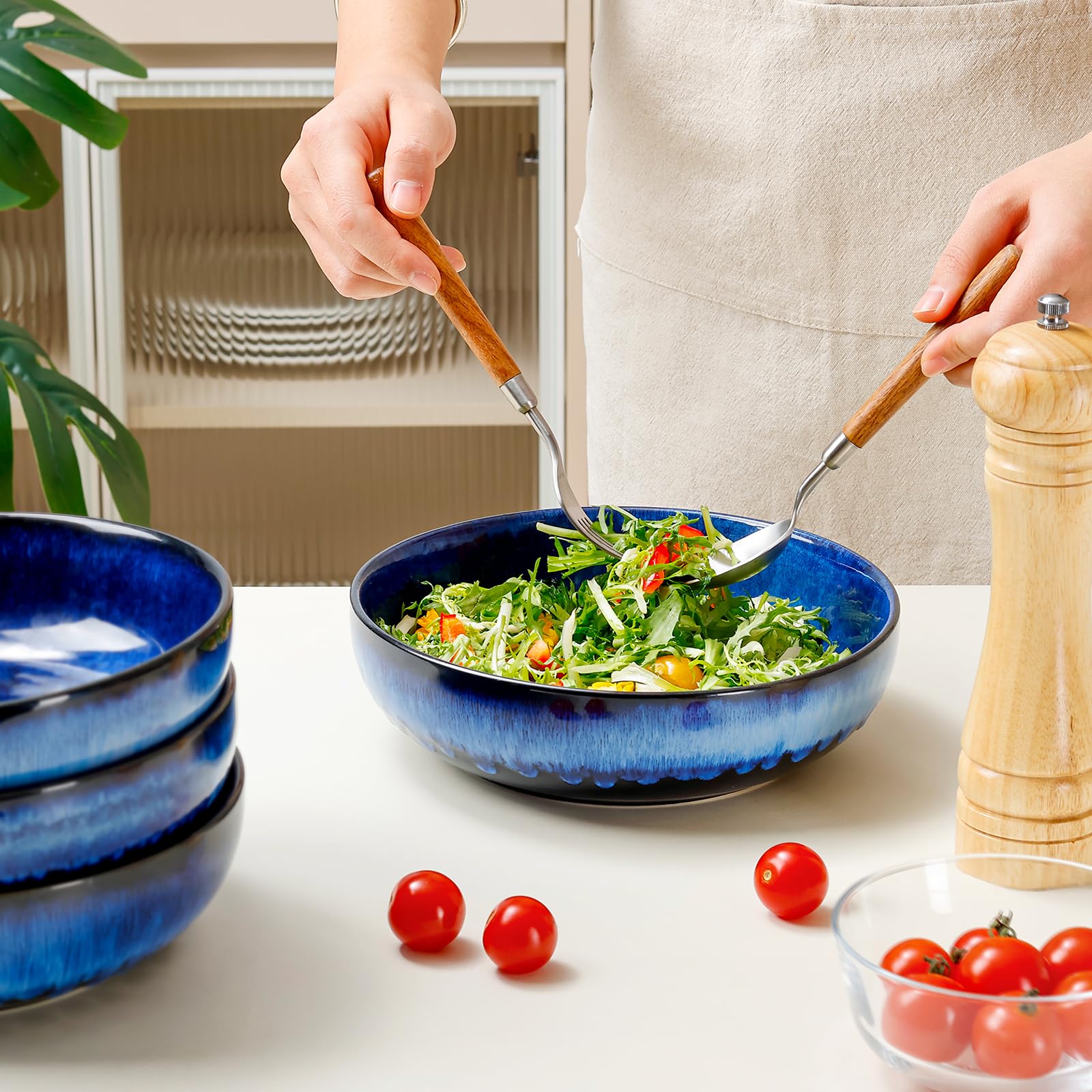 NUTRIUPS Φ 21,5 cm Cuenco de cerámica para servir platos hondos de 1,2 L, juego de 4 unidades, ensaladera de porcelana premium, color azul oscuro