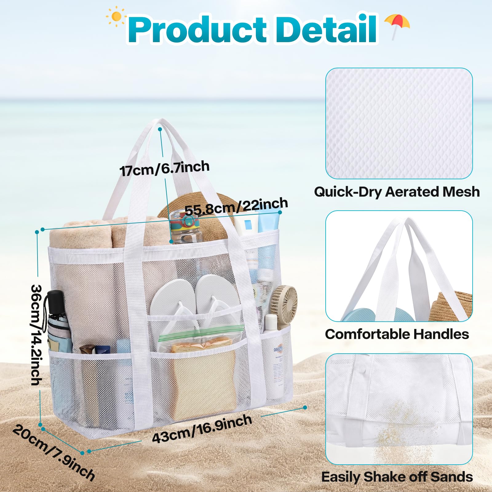Borsa Mare Grande XXL Famiglia, Borsa da Spiaggia in Rete, Borsas Mare Donna, Bag Spiaggia Pieghevole, Traspirante, Moda, Pratica, per Nuotare, Campeggiare, Viaggiare, Fare Shopping