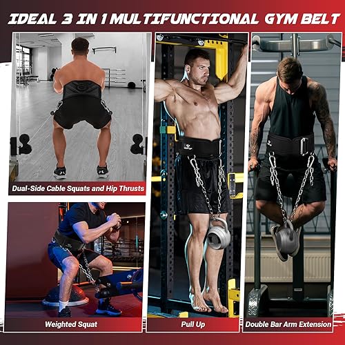 Miniatura 8 de Cinturón de dominadas con peso 3 en 1 para hombres, cinturón de inmersión para levantamiento de pesas con cadena de 40.6 pulgadas y autobloqueo,