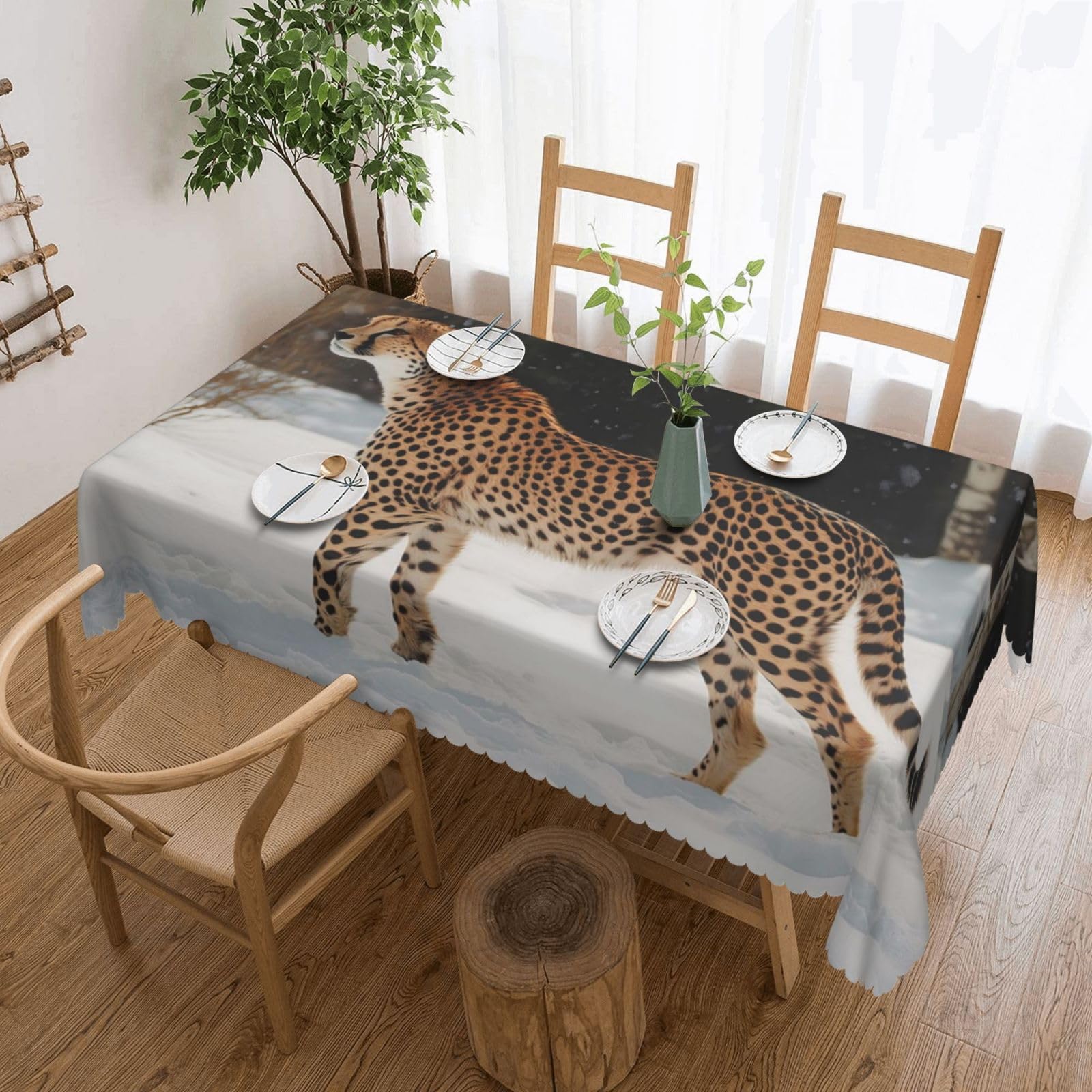 Nappe forêt enneigée et guépard rectangle 137x183cm déperlante pour table de salle à manger