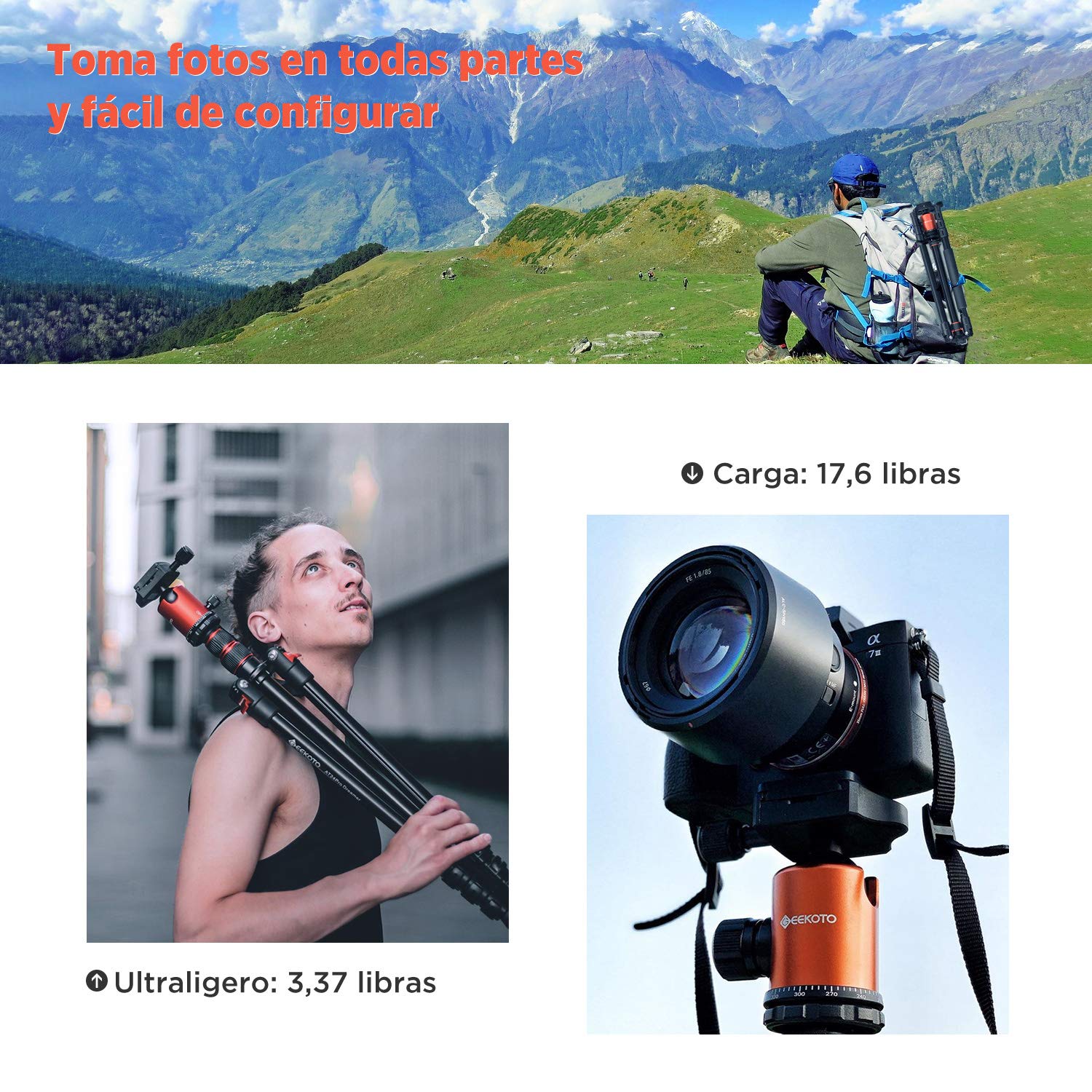 Trípode Cámara GEEKOTO, 195cm Trípode Fotografía Monopie Aluminio con 360° Rótula de Bola Panorámica 1/4" Placa Rápida Liberación y Bolsa de Transporte para DSLR Canon Nikon Sony Cámara