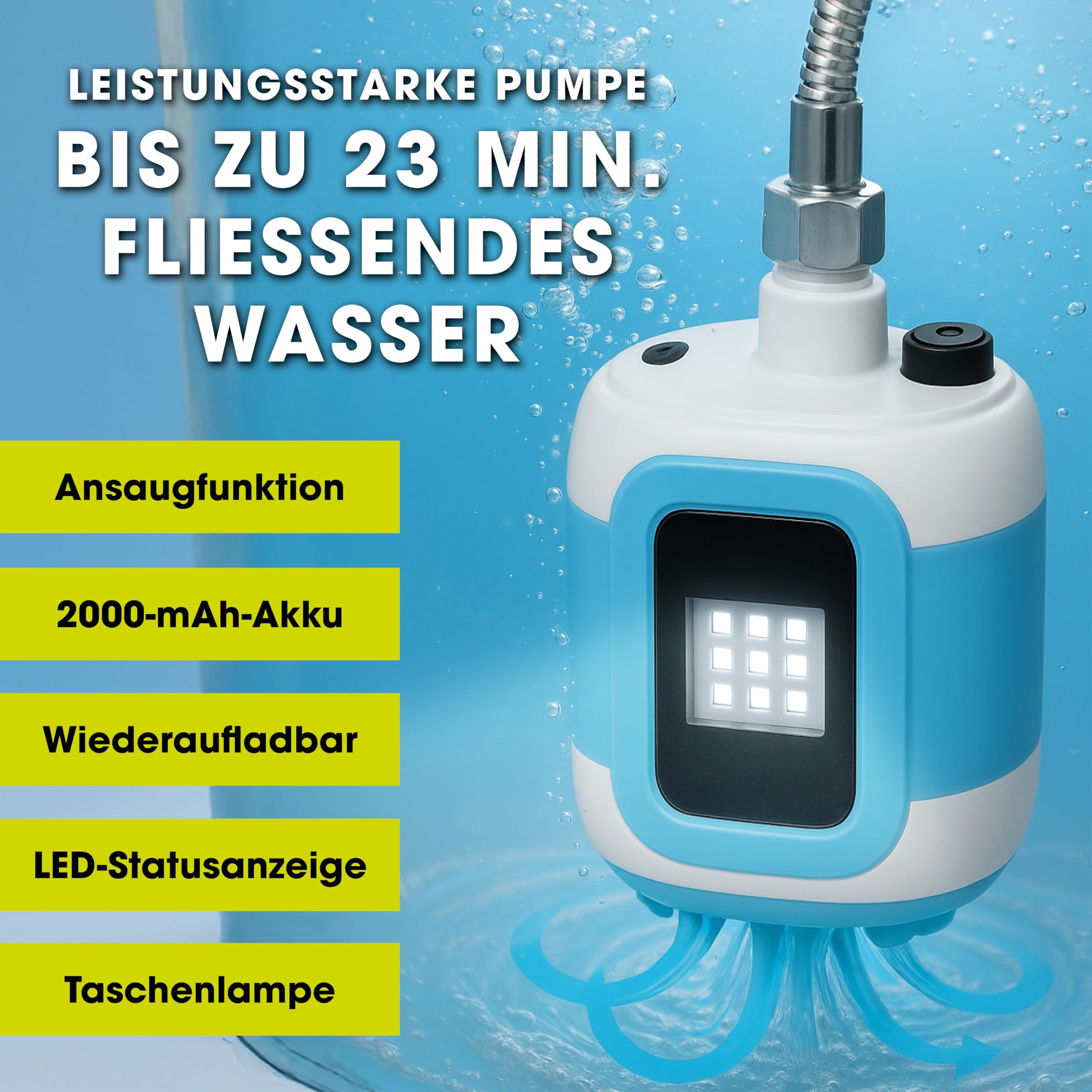 EASYmaxx Campingdusche mit Akku | 2in1: Mobile Outdoor Dusche und Bewässerungsbrause | Camping Dusche mit Pumpe inkl. Ansaugfunktion | kabellose und tragbare Dusche | elektrische Dusche mit LED-Licht