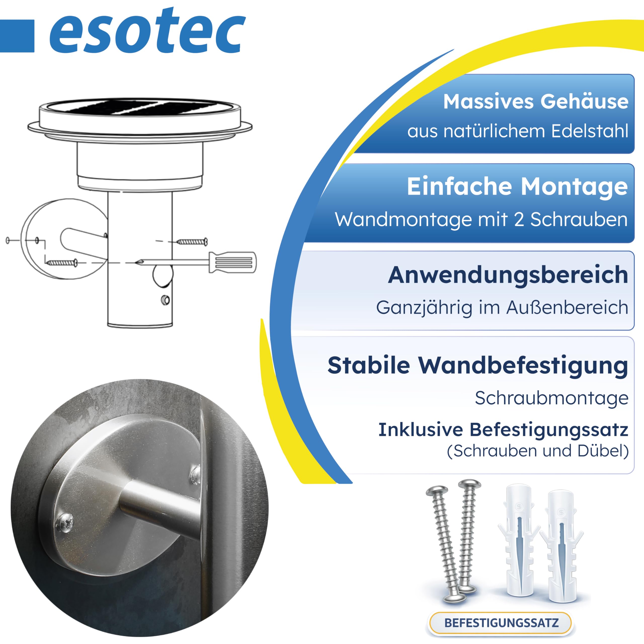 Esotec Solar Wandleuchte mit Bewegungsmelder TINI, 3 Modi, Edelstahl 102595