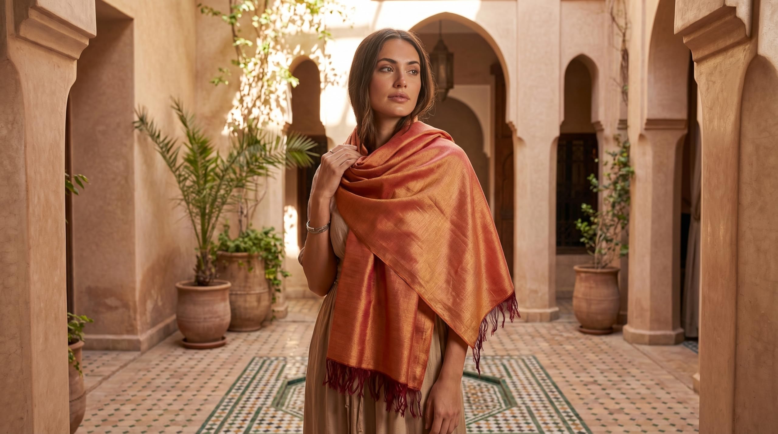 Sabra Écharpe en soie pour femme - Châle marocain tissé à la main avec franges - Léger et doux - 180 x 60 cm