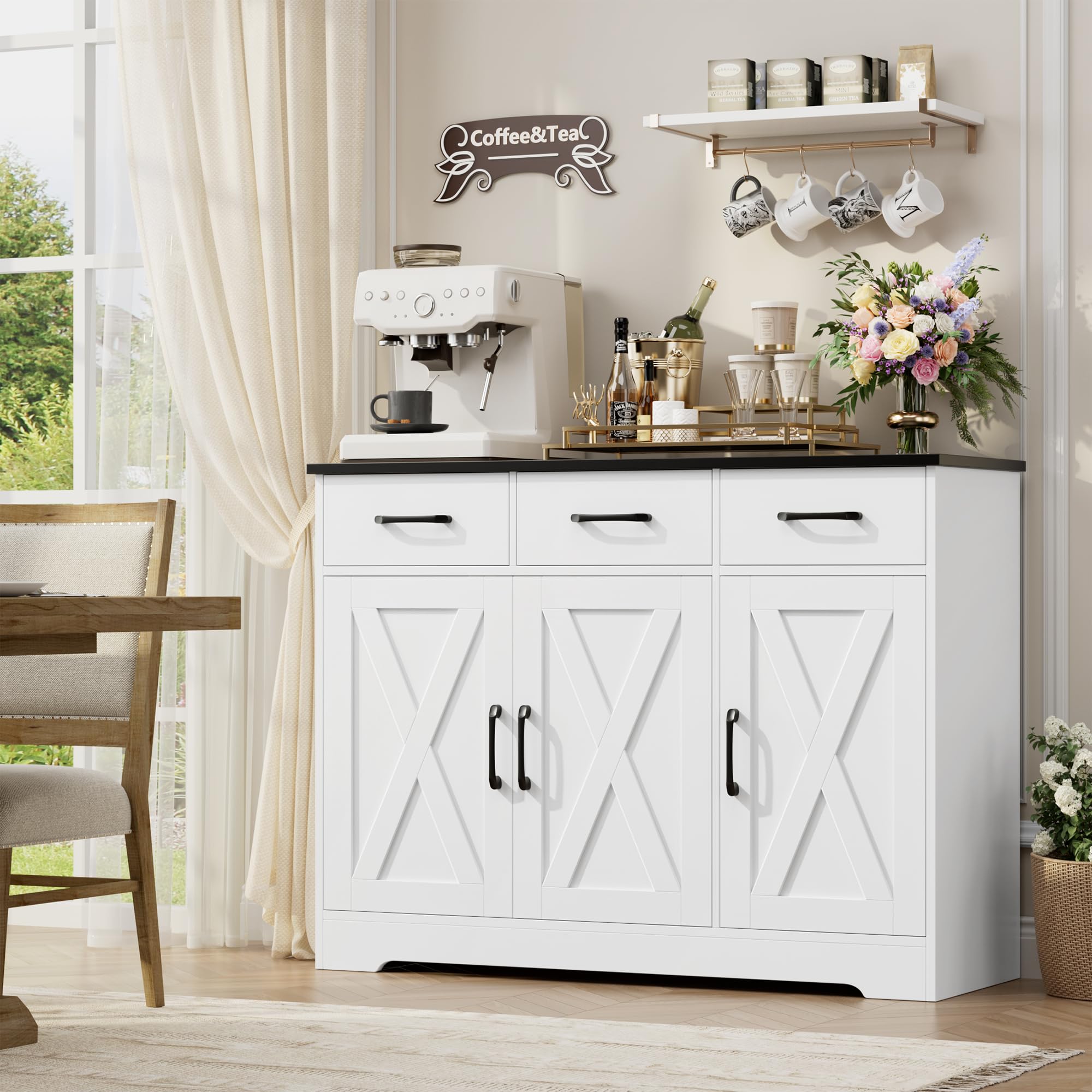 HOCSOK Credenza, Mobile Cucina con 3 Cassetti e 3 Armadi，Buffet Mobile Moderno, Credenza Soggiorno, Mobile per Cucina Ingresso Foyer, Sala da Pranzo, Bianco+Nero