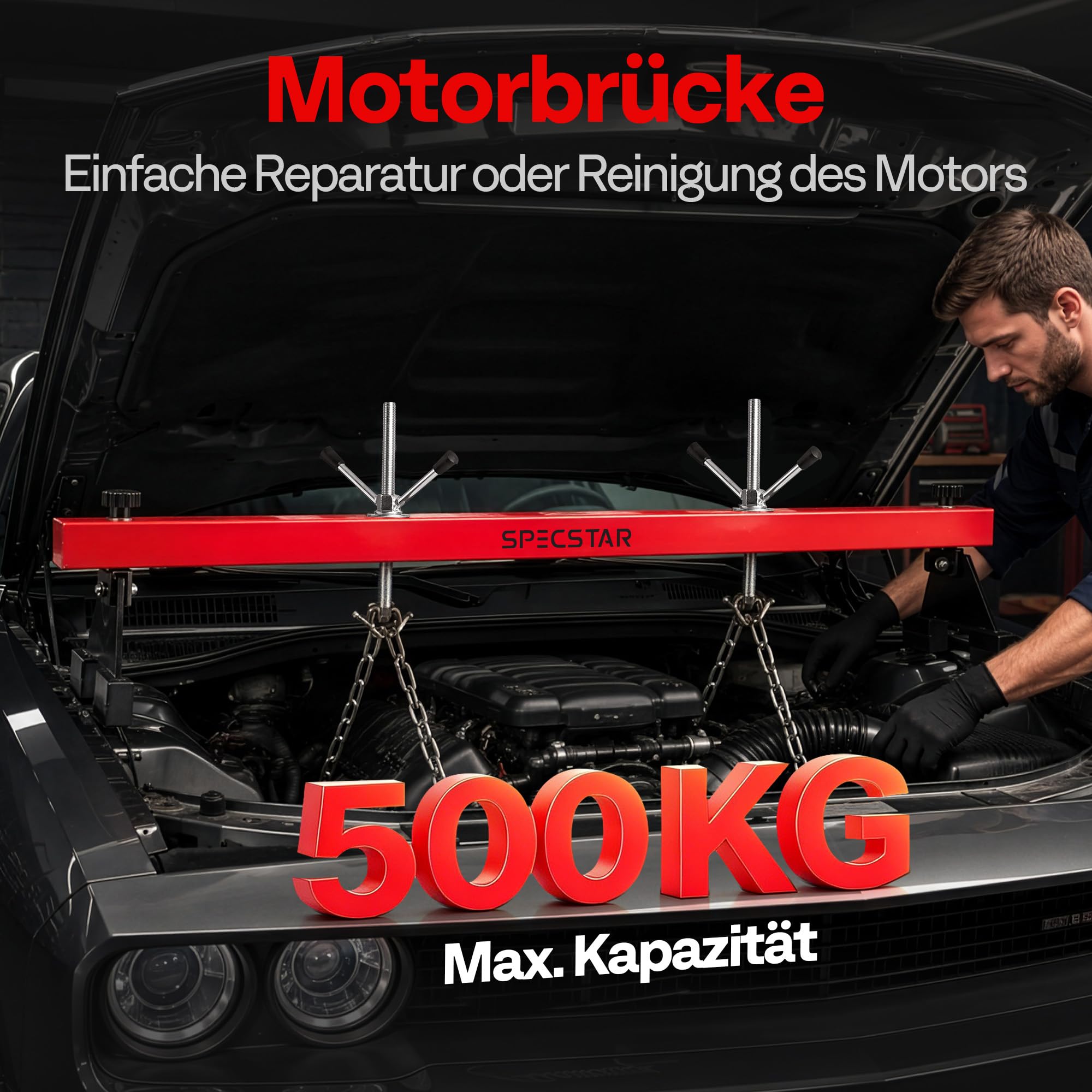 SPECSTAR 500kg Motorbrücke Motorheber Traverse für Motor Getriebearbeiten | 53,3–144,8cm Verstellbar, Doppelpunkt-Hebung mit Doppelhaken, 360° Drehung mit 2-Punkt-Halterung und Doppelhaken